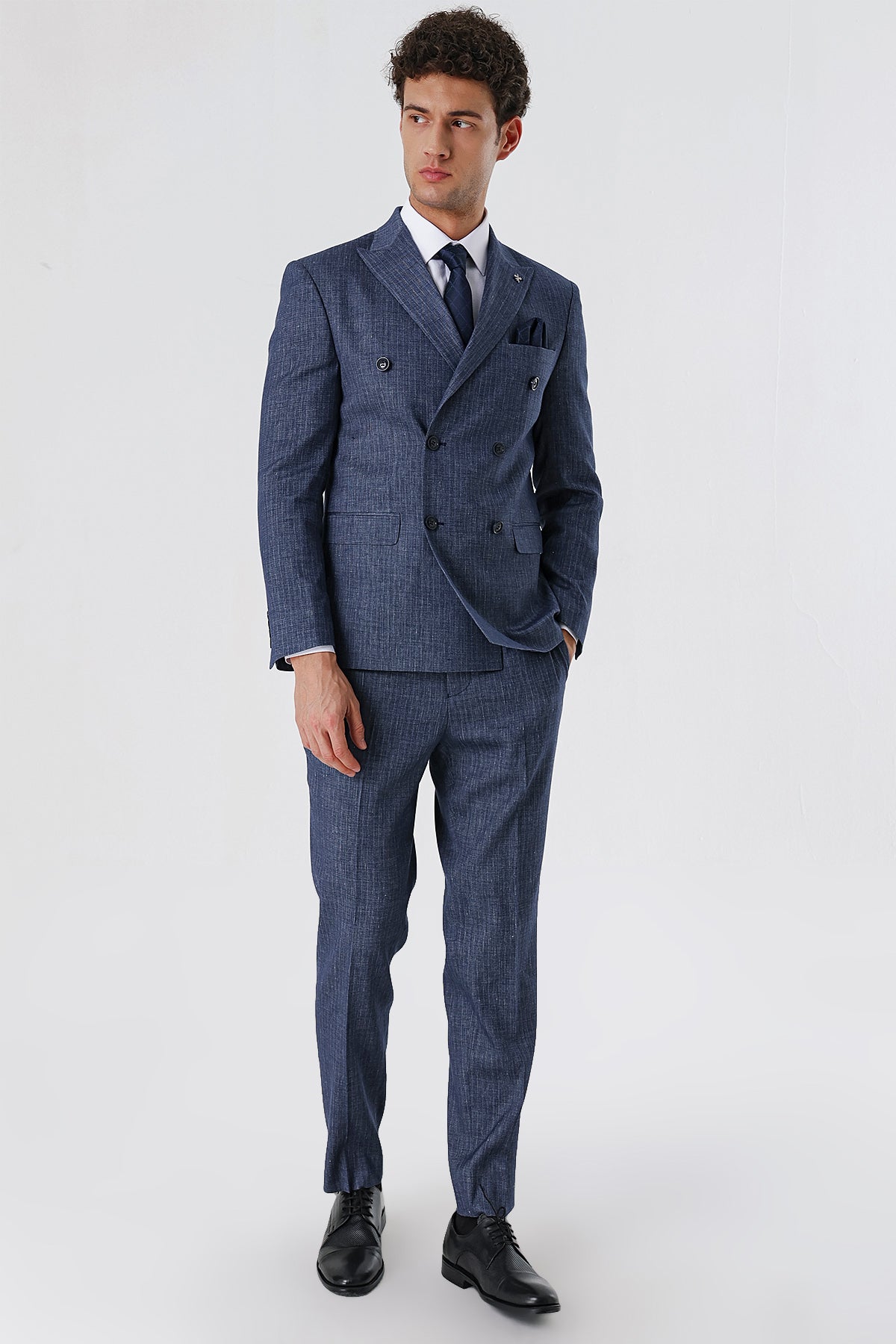 Slim-Fit Linen Double Breasted Suit - Indigo Blue