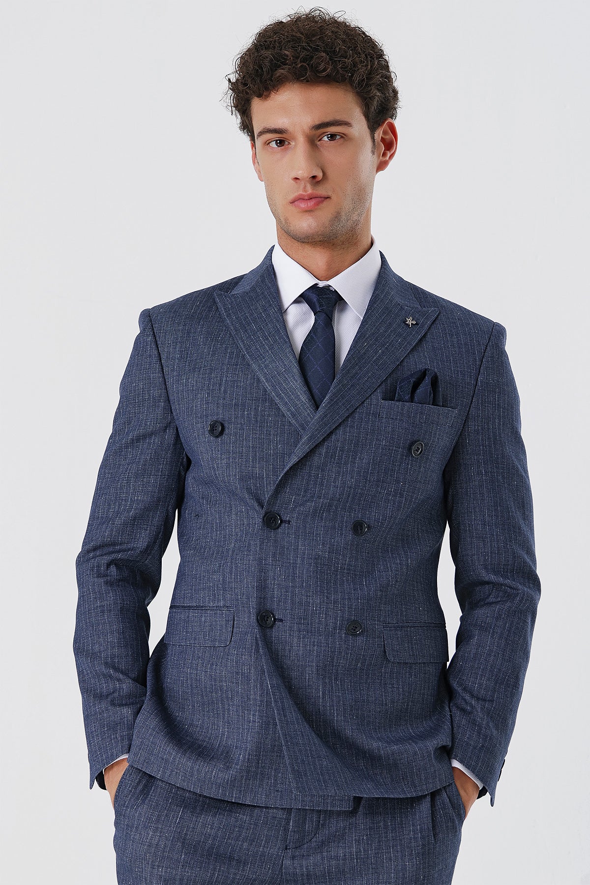 Slim-Fit Linen Double Breasted Suit - Indigo Blue