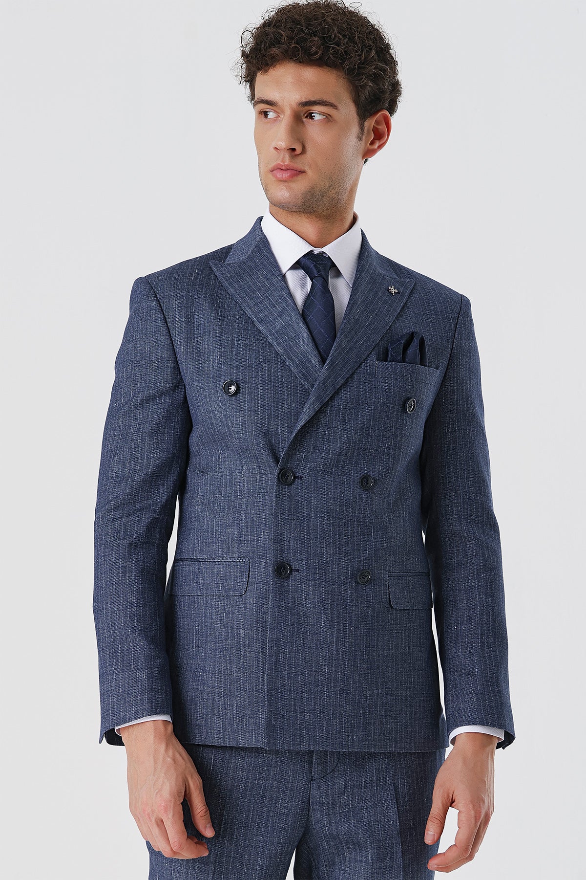 Slim-Fit Linen Double Breasted Suit - Indigo Blue