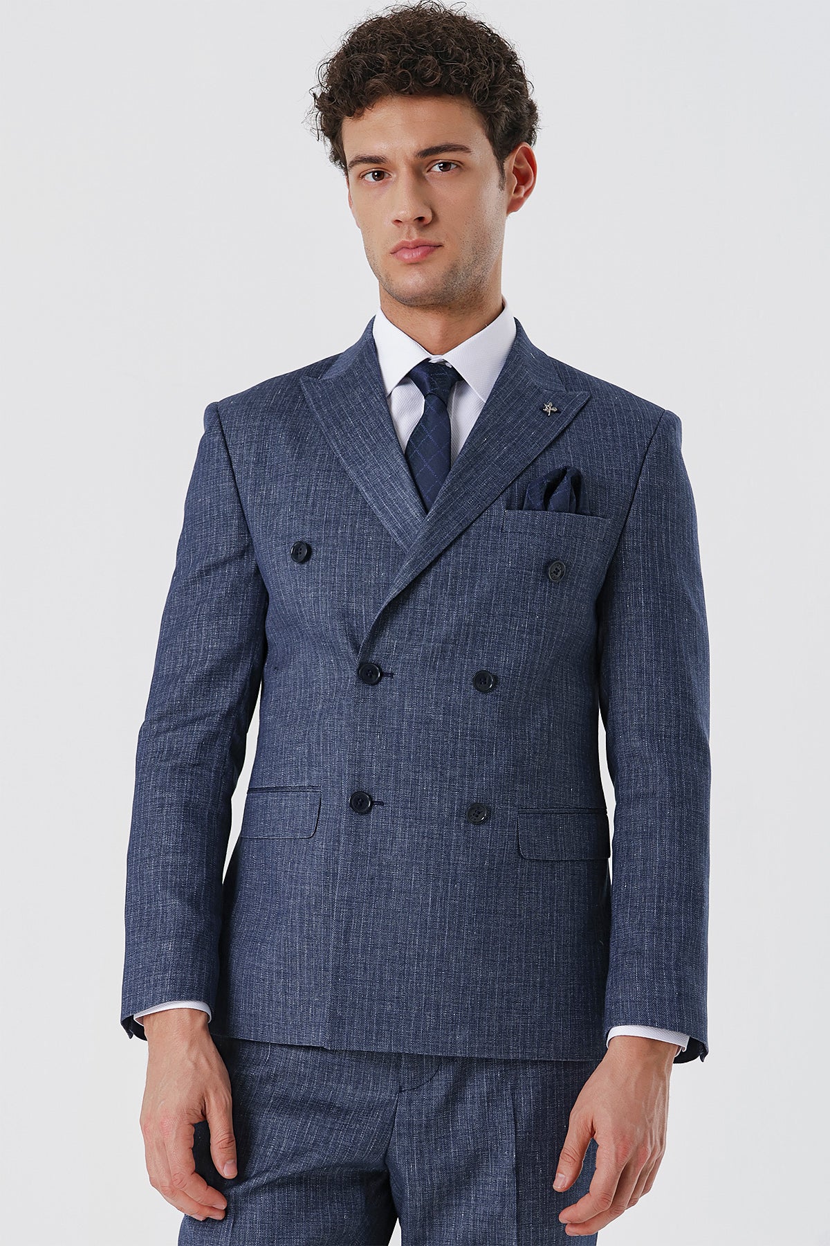 Slim-Fit Linen Double Breasted Suit - Indigo Blue