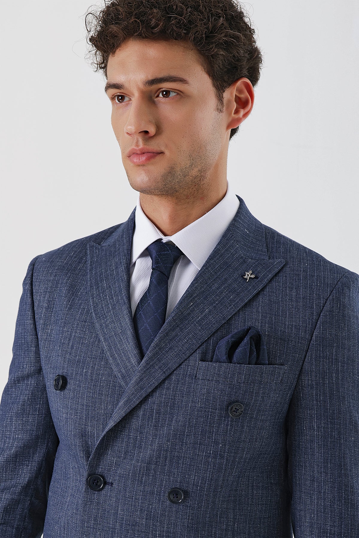 Slim-Fit Linen Double Breasted Suit - Indigo Blue