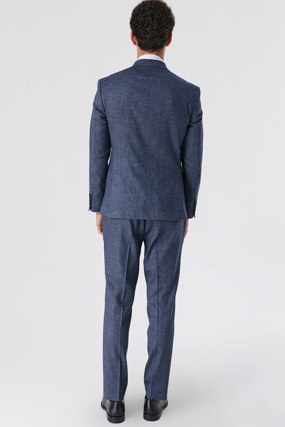 Slim-Fit Linen Double Breasted Suit - Indigo Blue