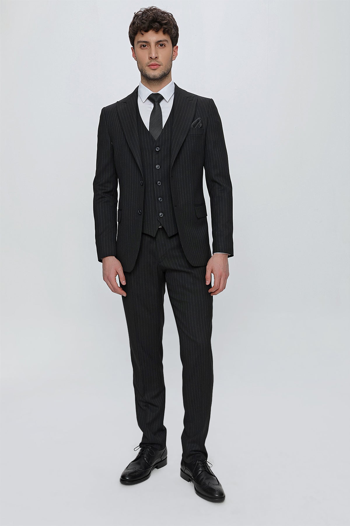 Slim-Fit Striped Vest Suit - Black