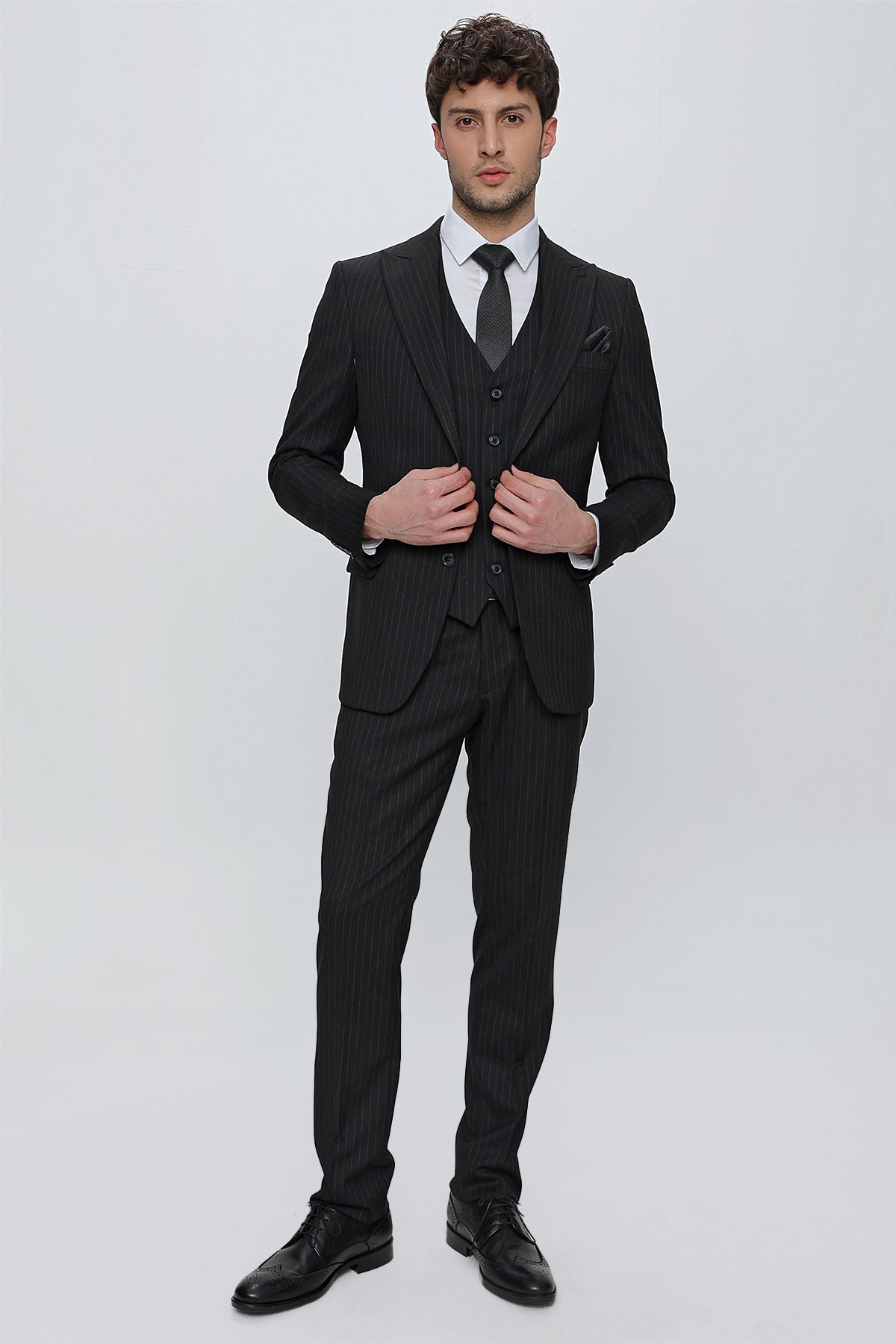 Slim-Fit Striped Vest Suit - Black