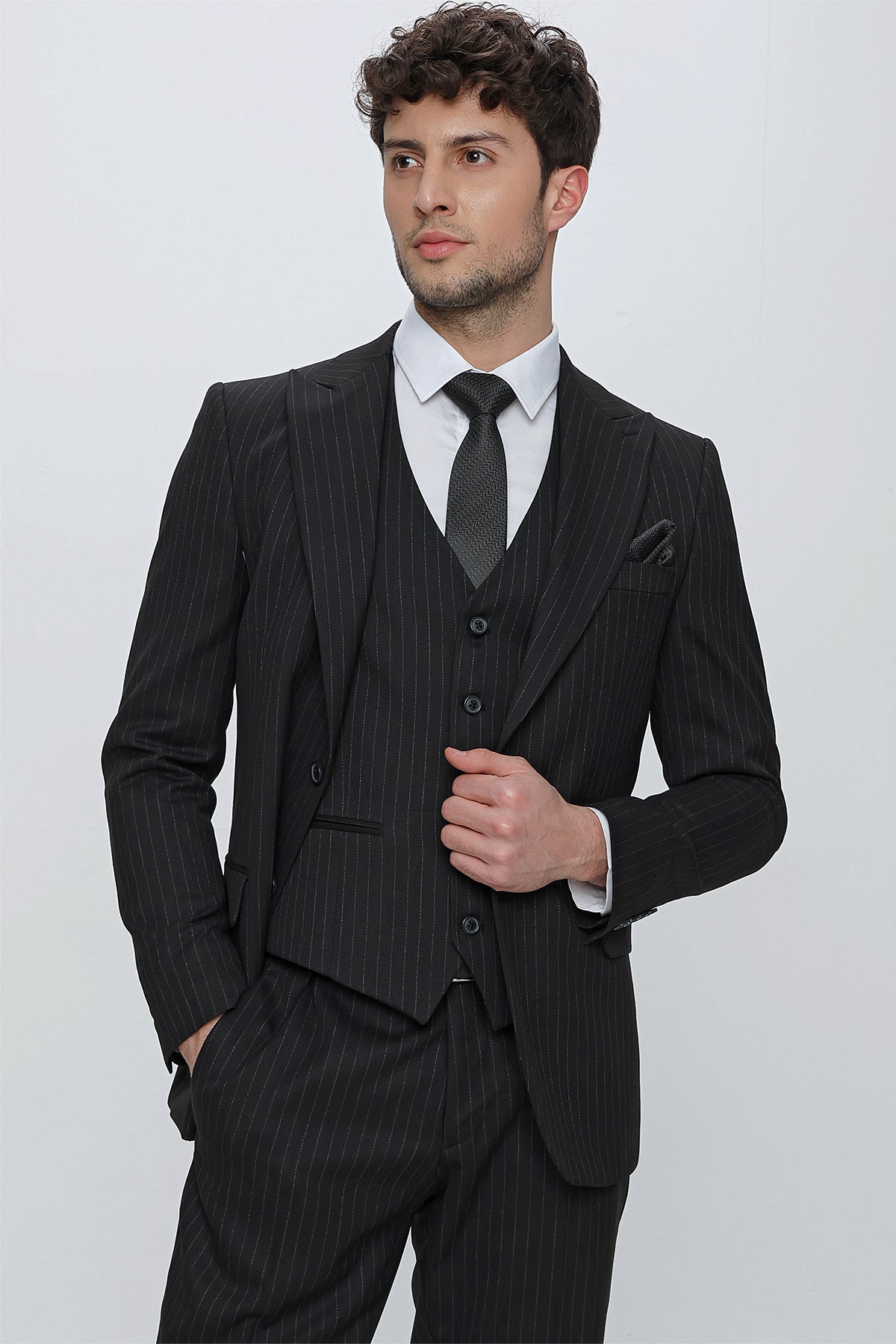 Slim-Fit Striped Vest Suit - Black