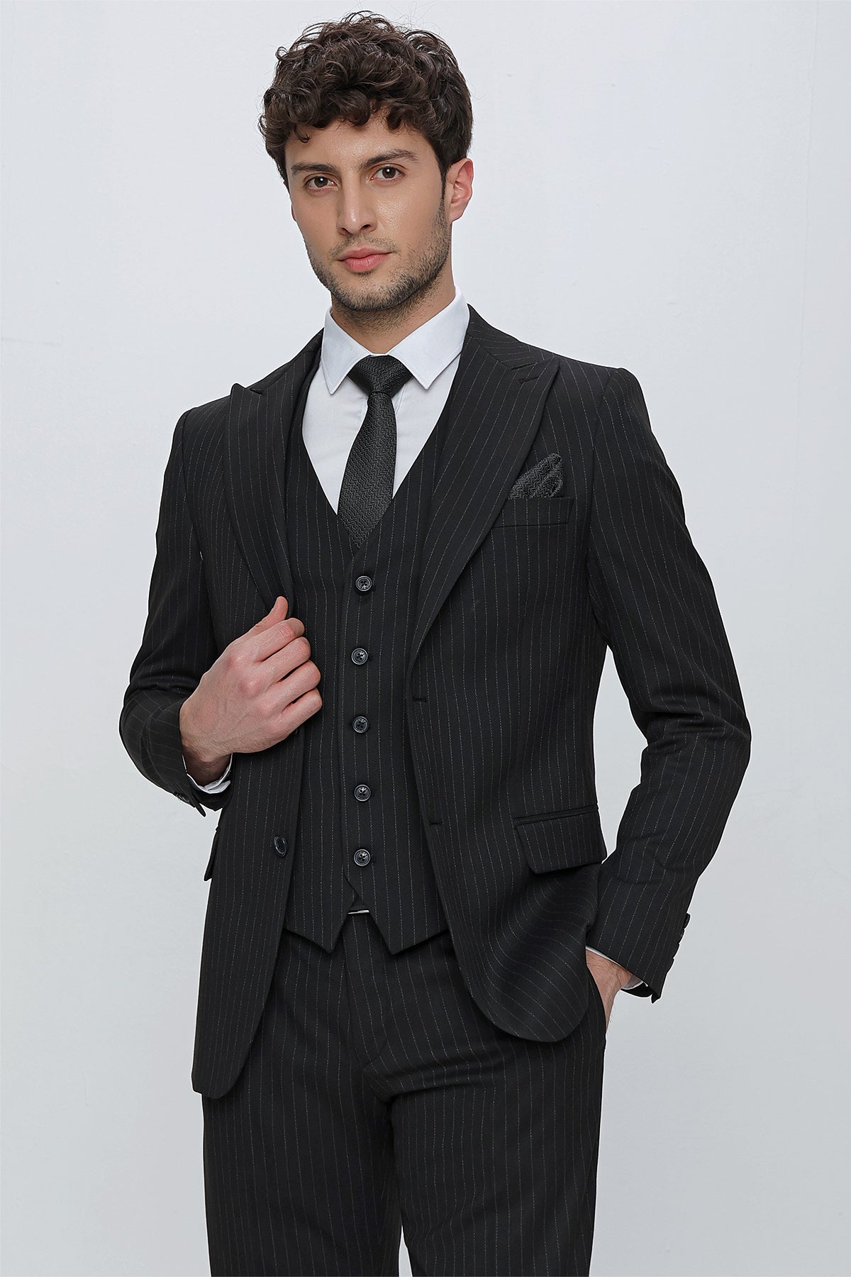 Slim-Fit Striped Vest Suit - Black