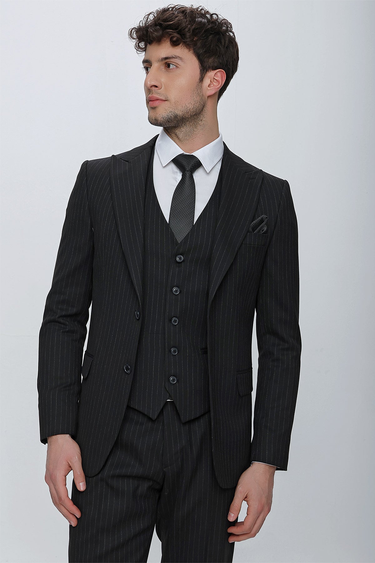 Slim-Fit Striped Vest Suit - Black