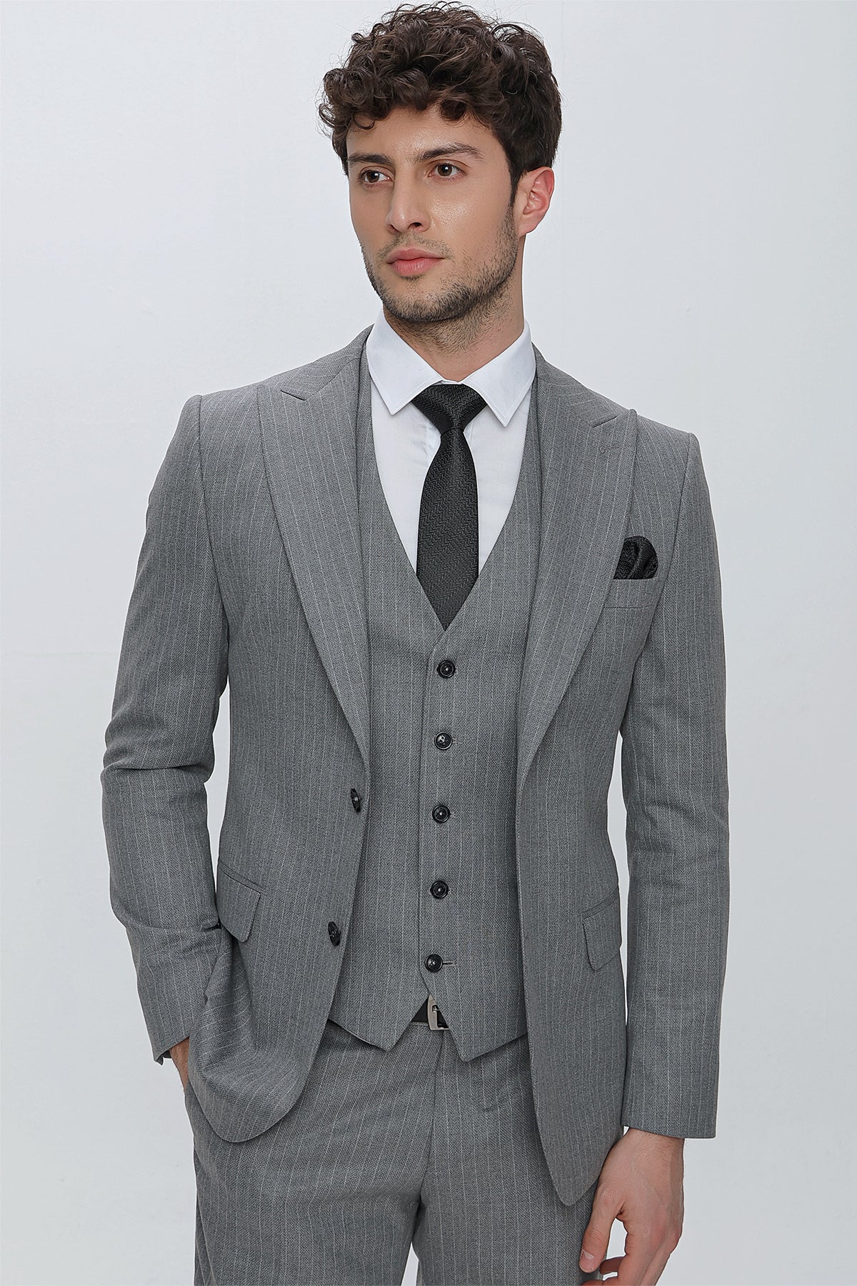 Slim-Fit Striped Vest Suit - Grey