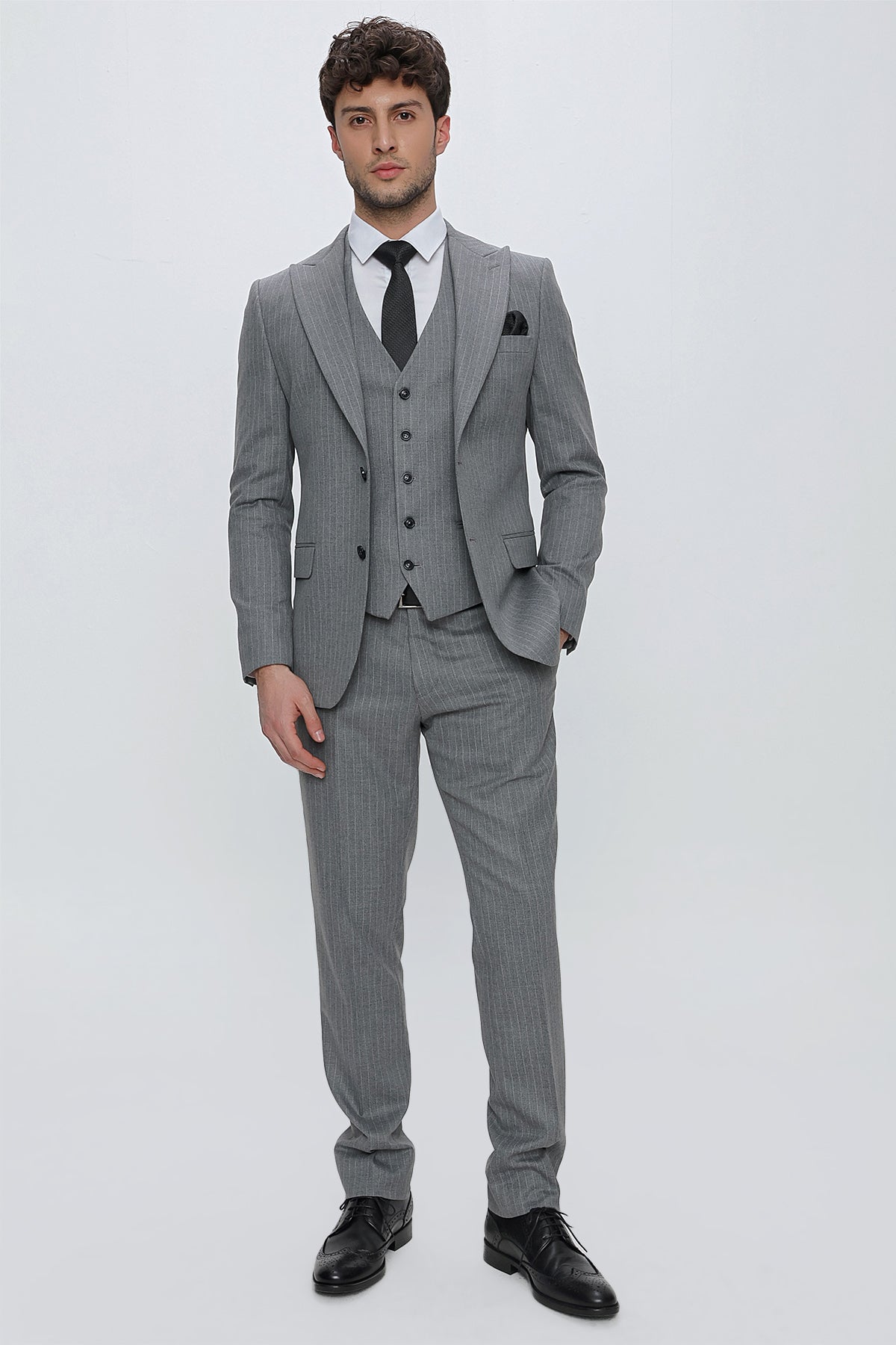 Slim-Fit Striped Vest Suit - Grey