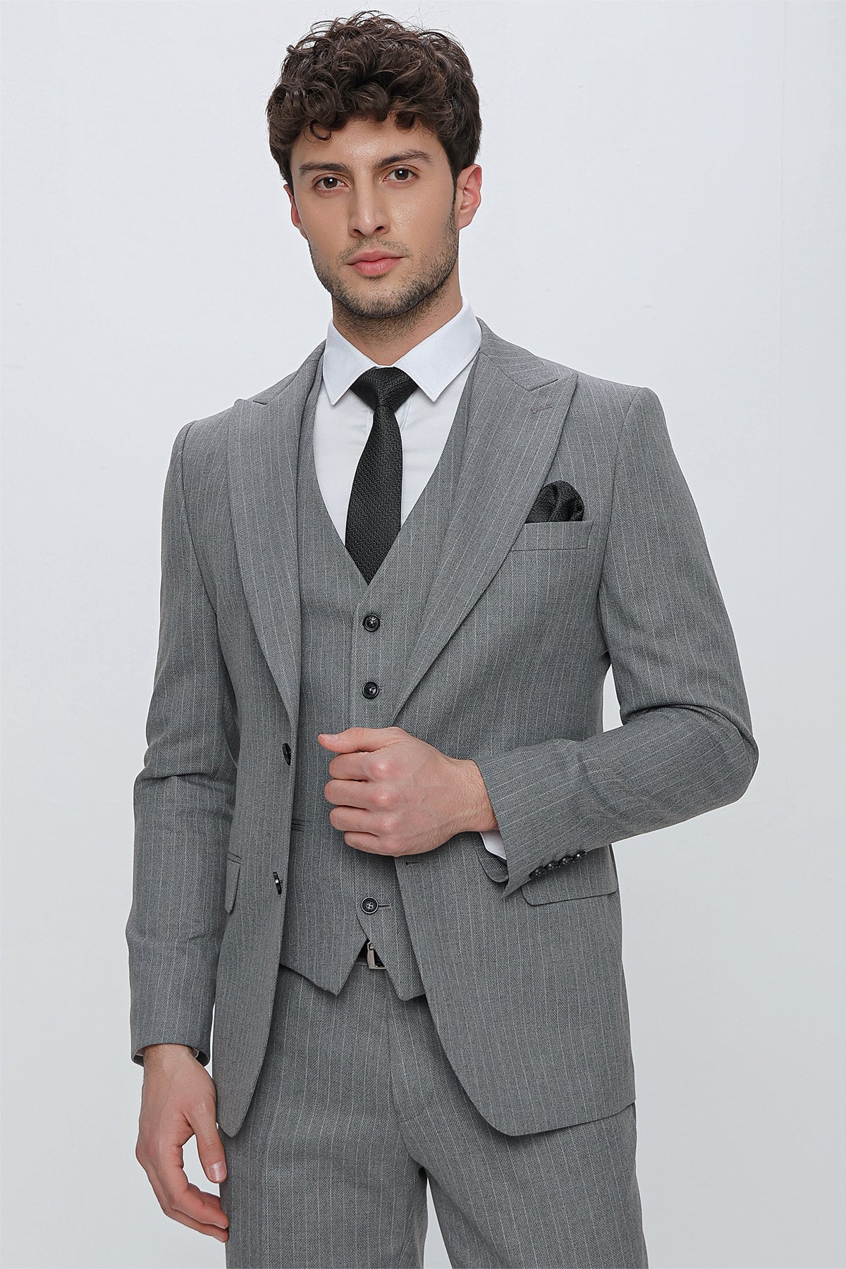 Slim-Fit Striped Vest Suit - Grey