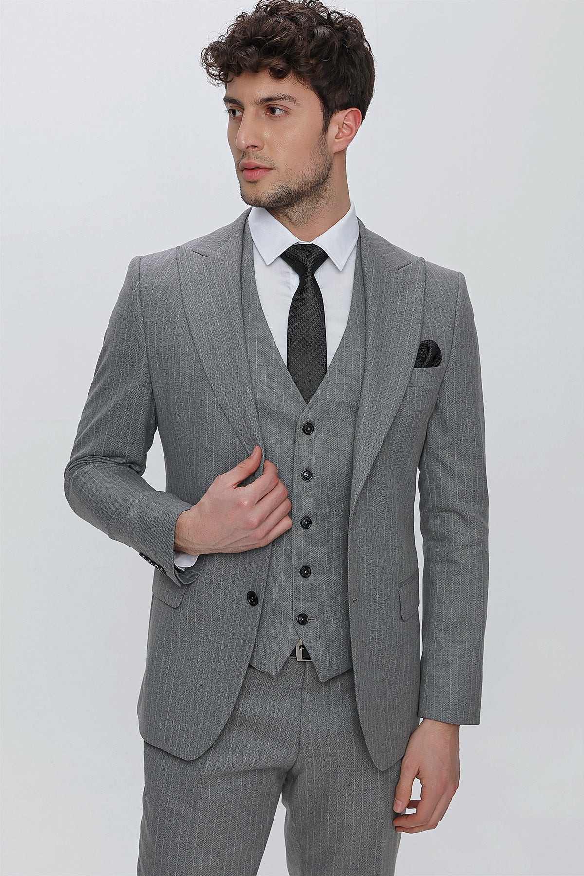 Slim-Fit Striped Vest Suit - Grey