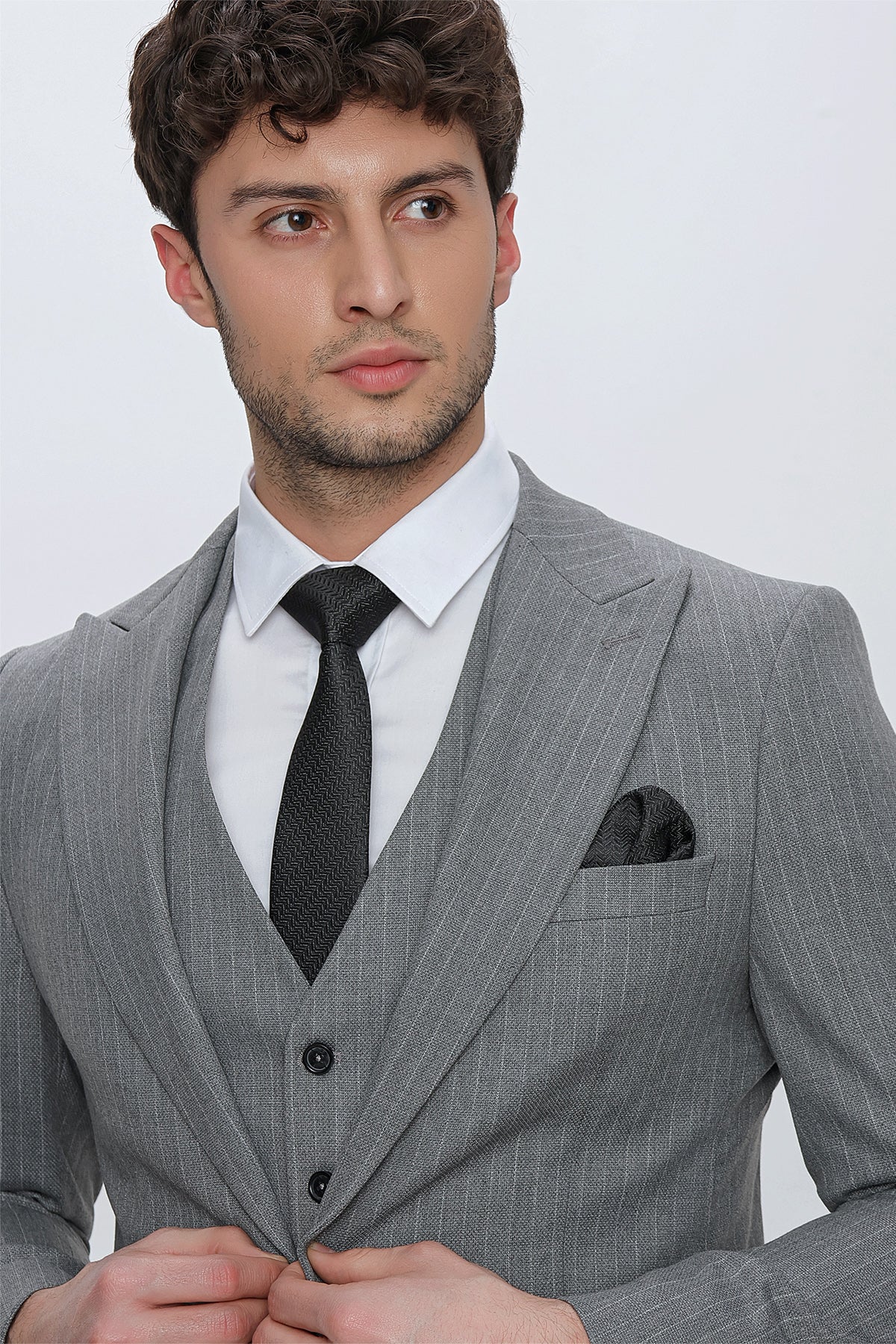 Slim-Fit Striped Vest Suit - Grey