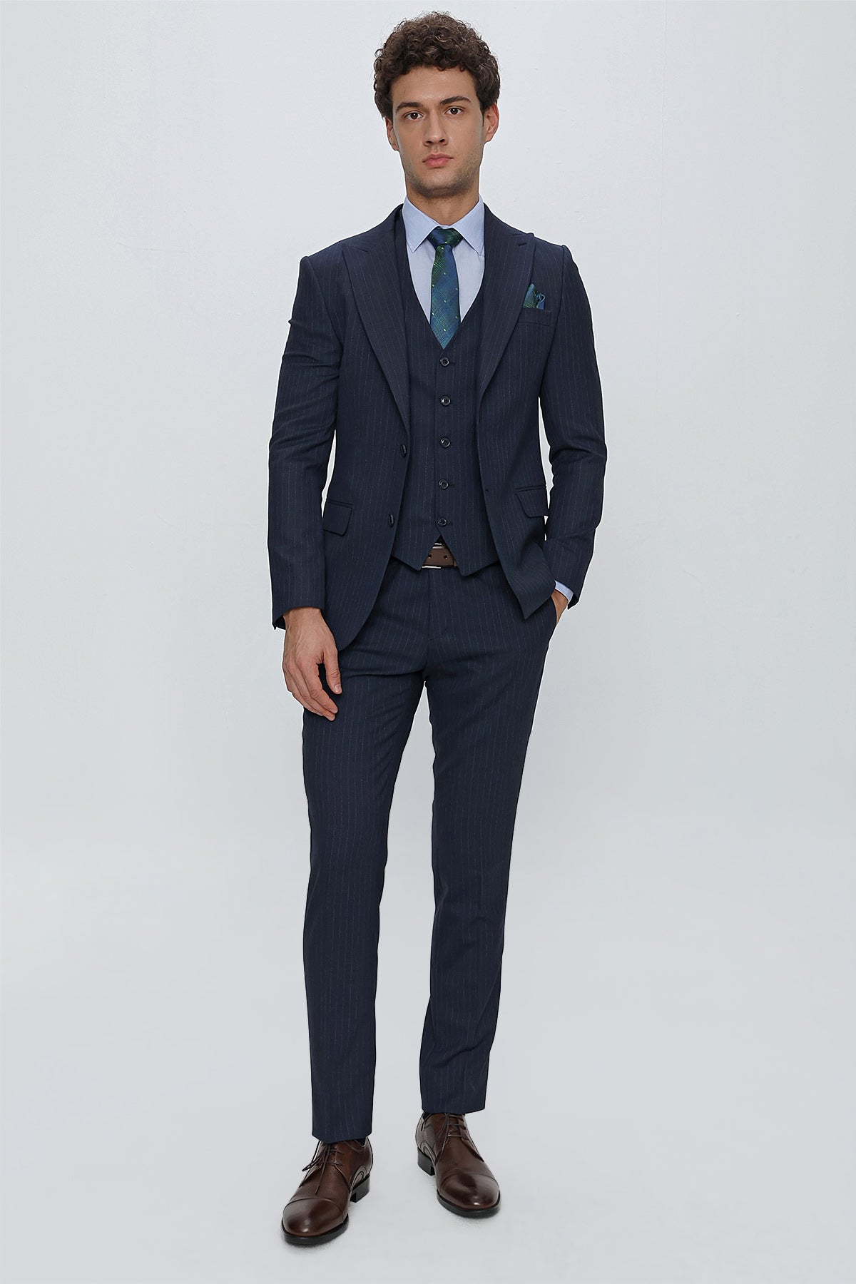 Slim-Fit Striped Vest Suit - Navy