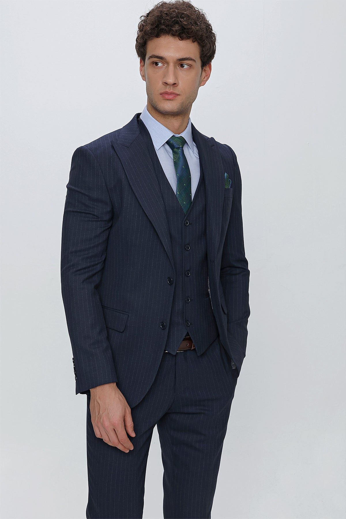 Slim-Fit Striped Vest Suit - Navy