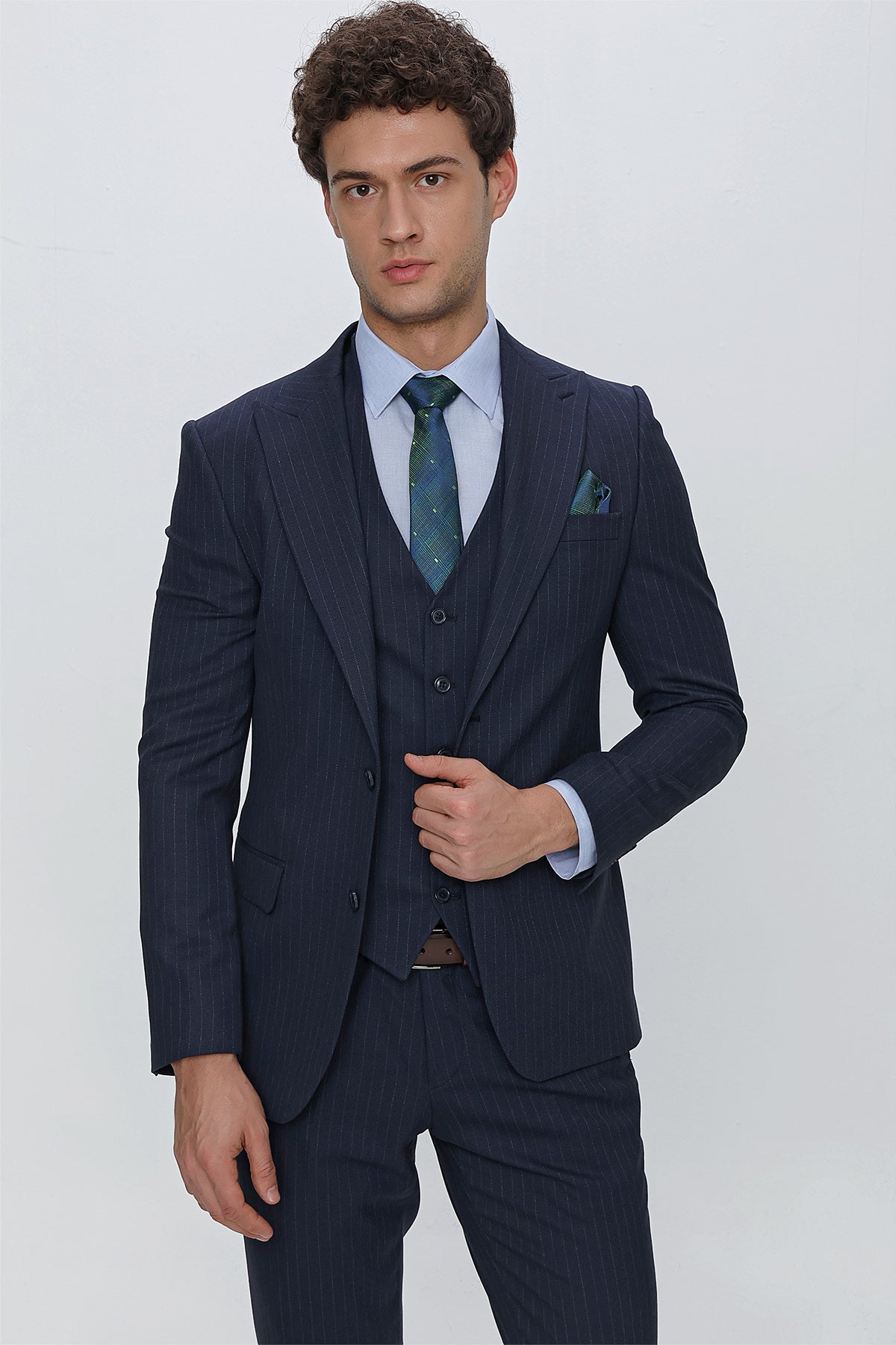 Slim-Fit Striped Vest Suit - Navy