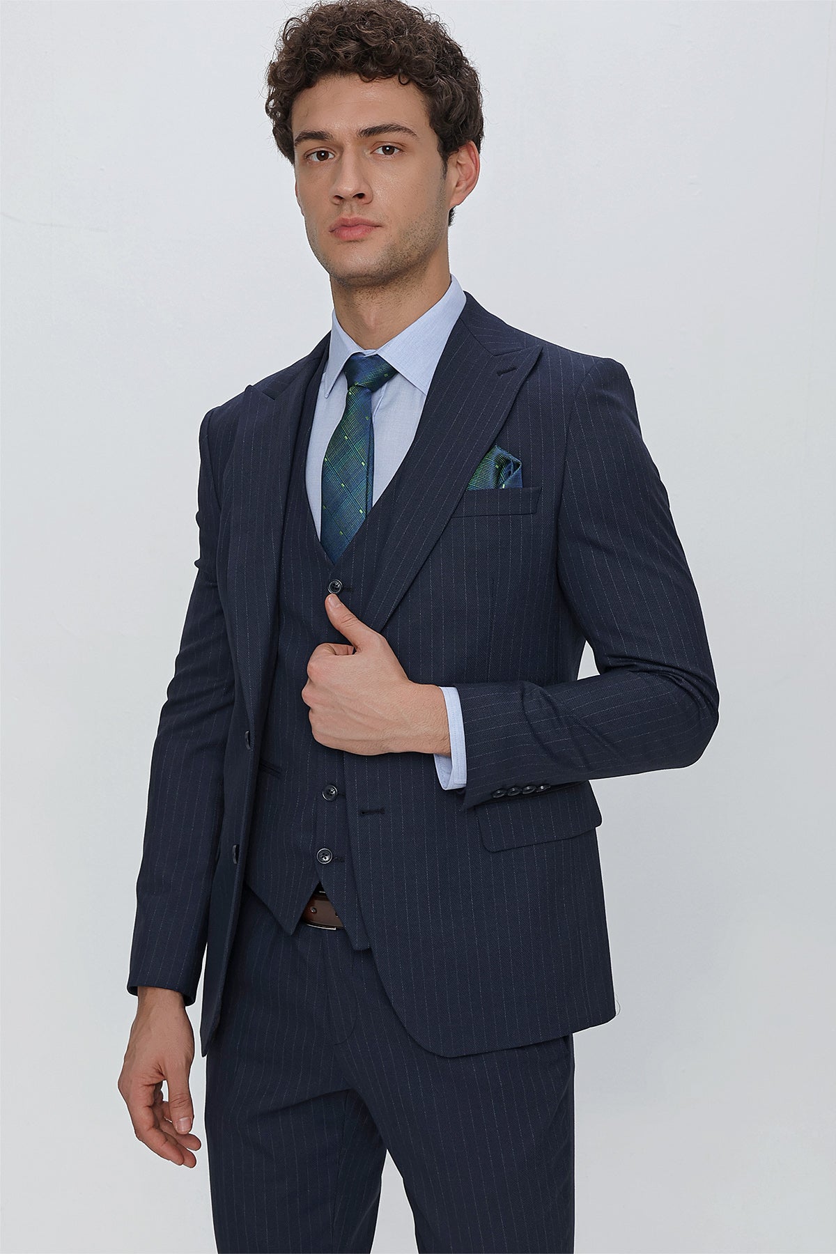 Slim-Fit Striped Vest Suit - Navy