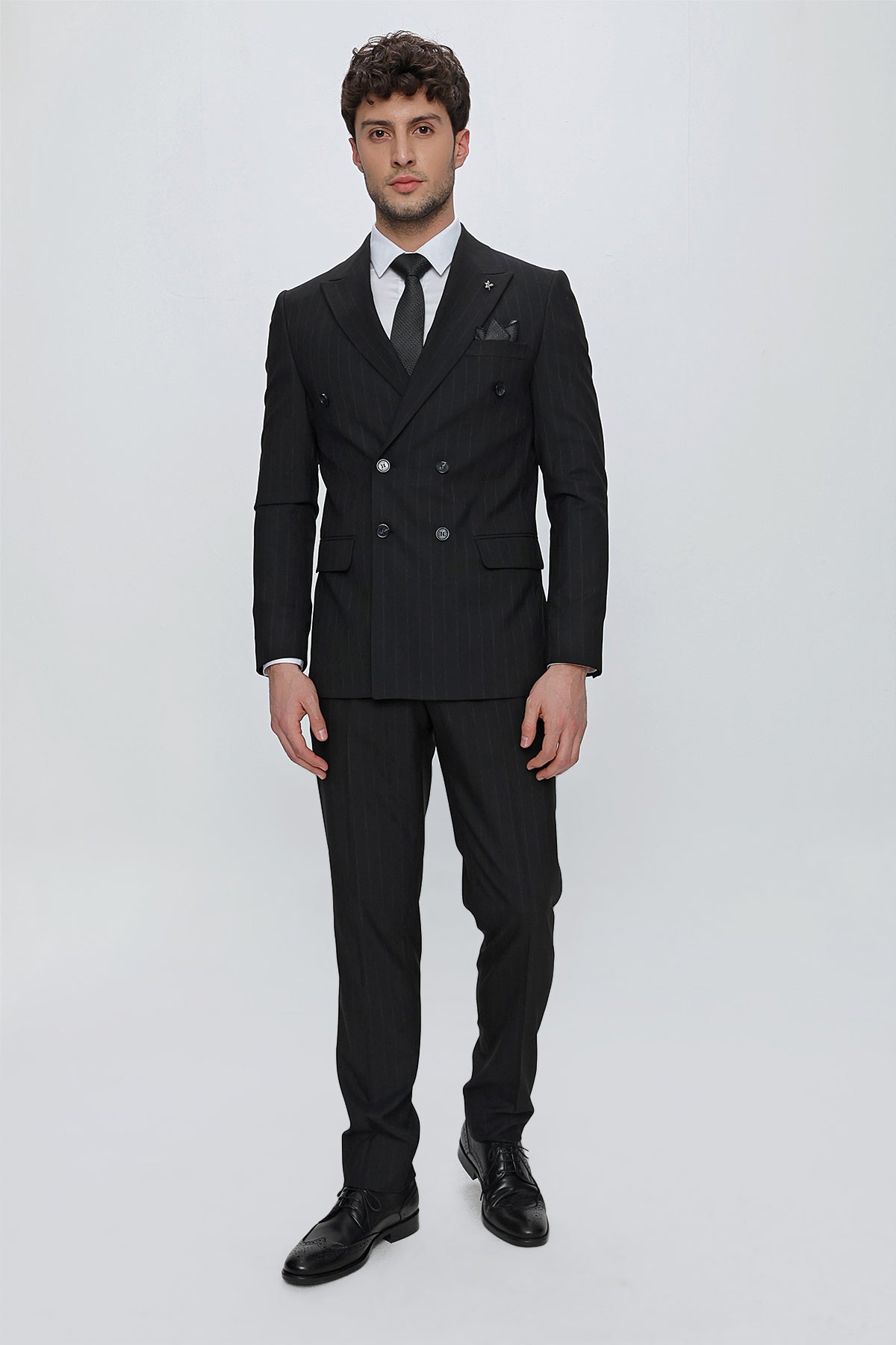 Slim-Fit Striped Double Breasted Suit - Black