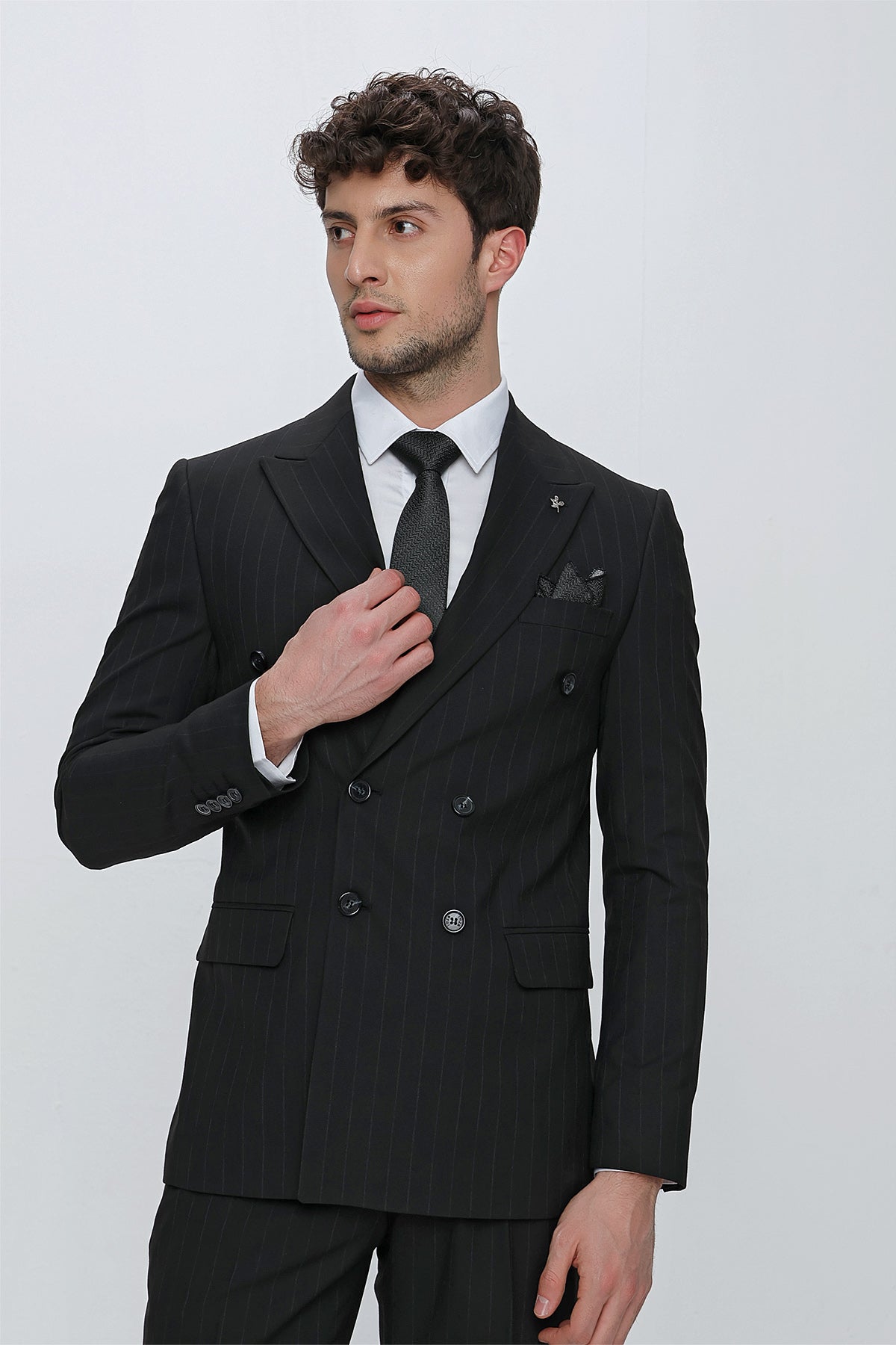 Slim-Fit Striped Double Breasted Suit Black