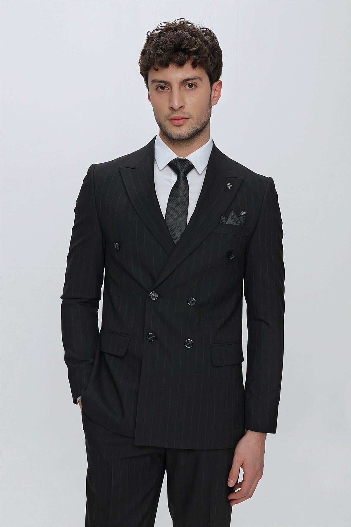 Slim-Fit Striped Double Breasted Suit - Black