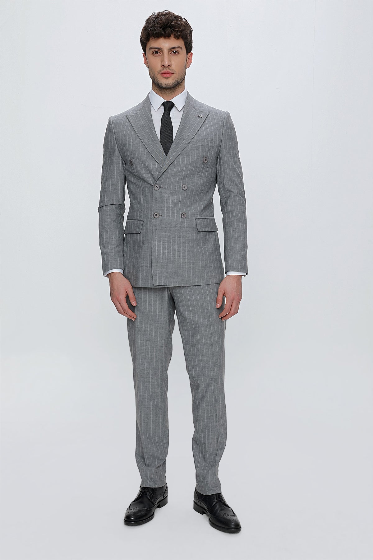 Slim-Fit Striped Double Breasted Suit - Grey