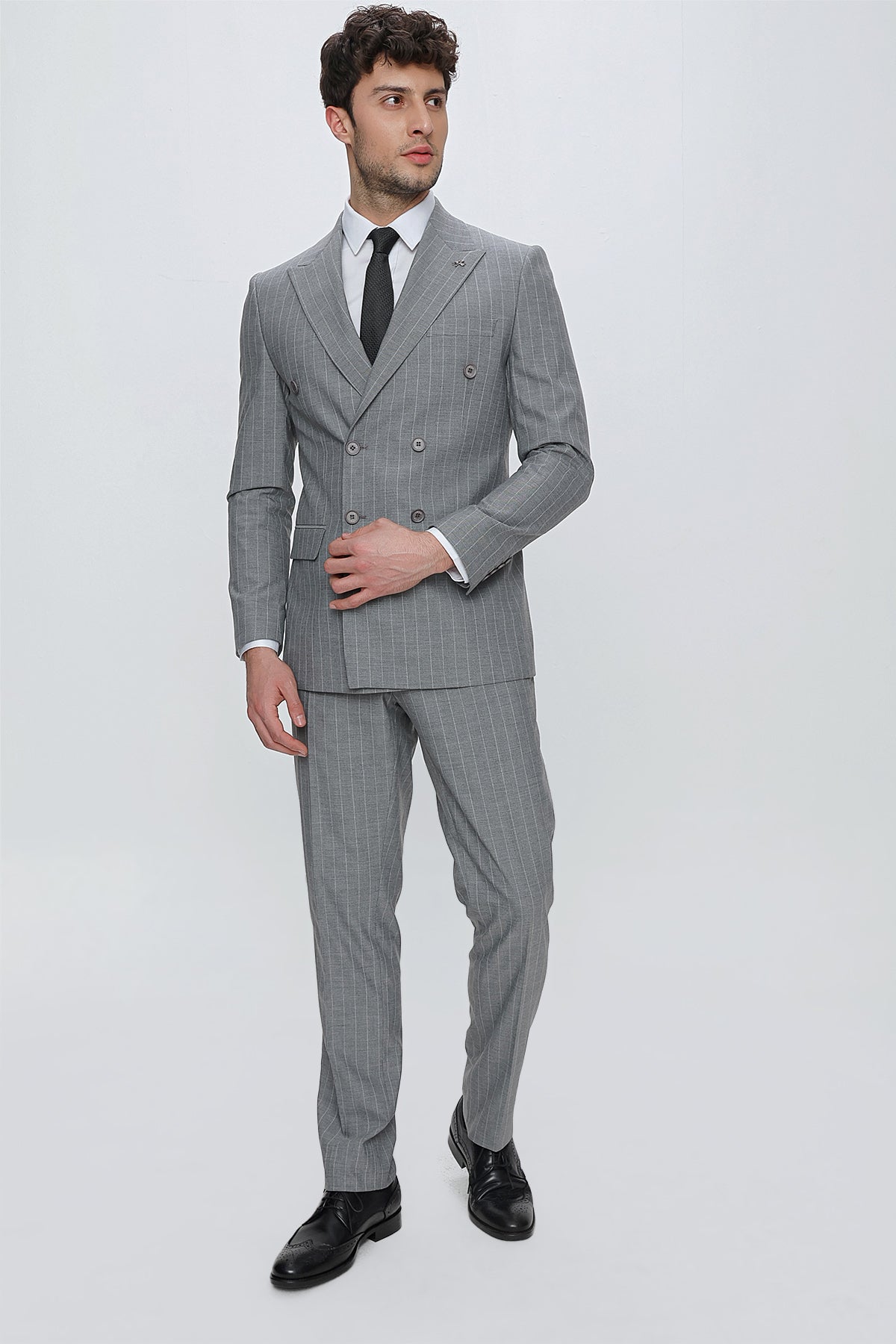 Slim-Fit Striped Double Breasted Suit - Grey