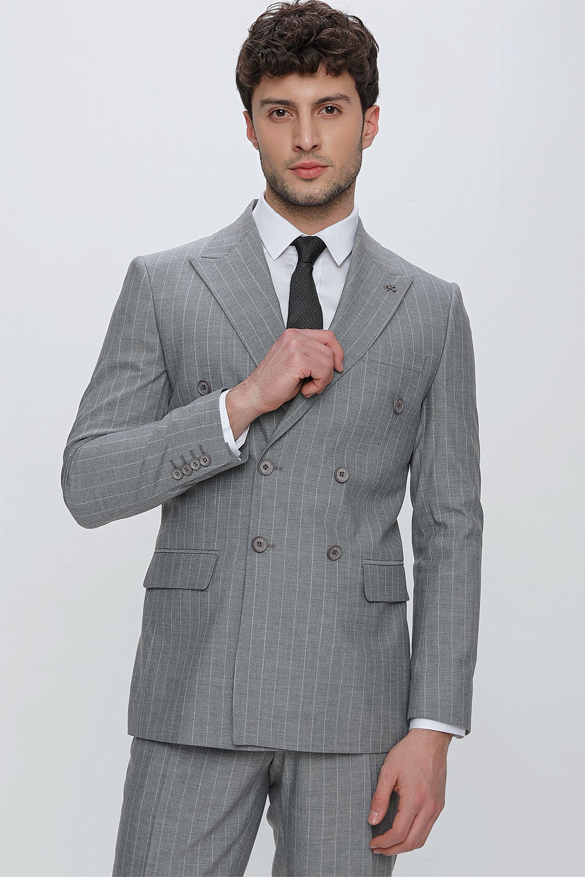 Slim-Fit Striped Double Breasted Suit - Grey