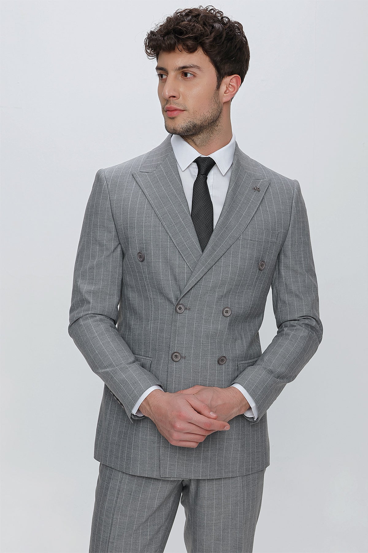 Slim-Fit Striped Double Breasted Suit - Grey