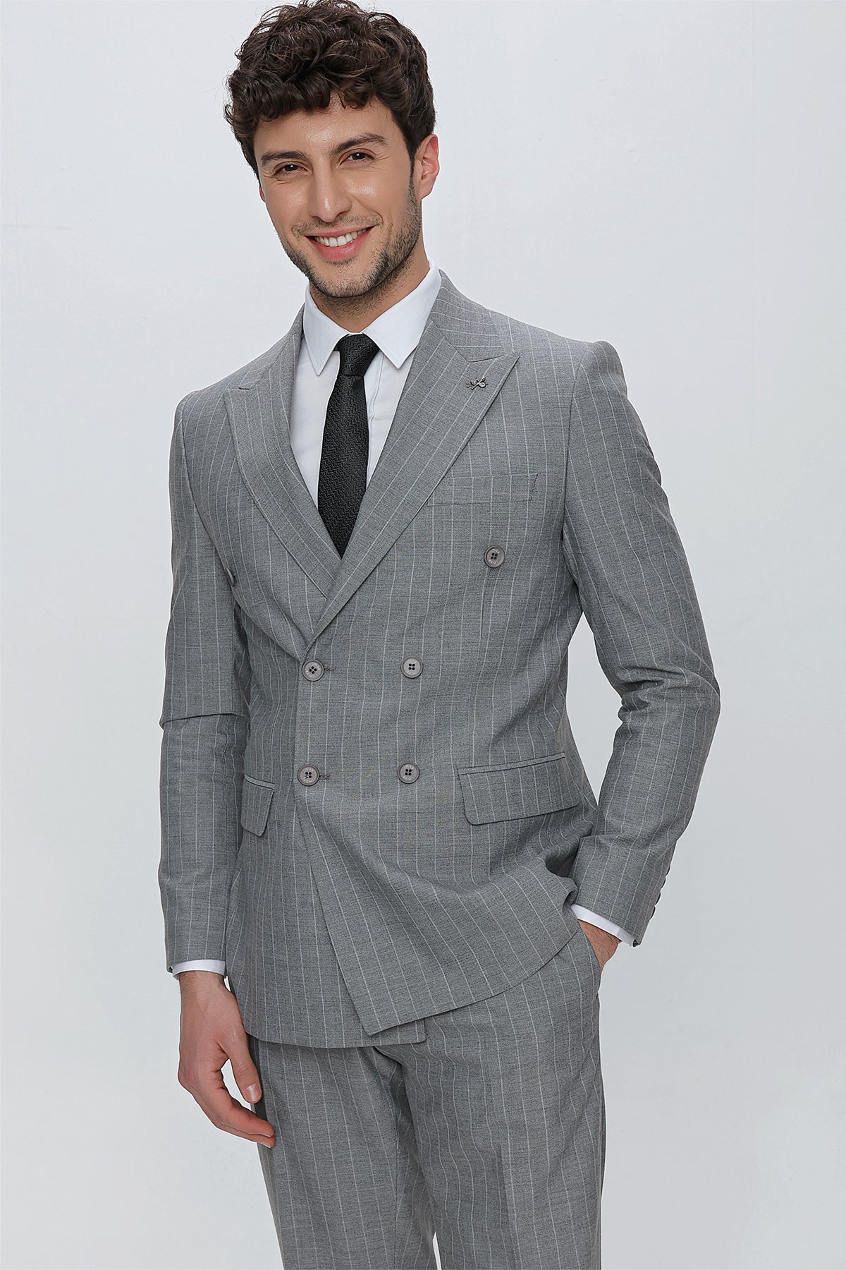 Slim-Fit Striped Double Breasted Suit - Grey