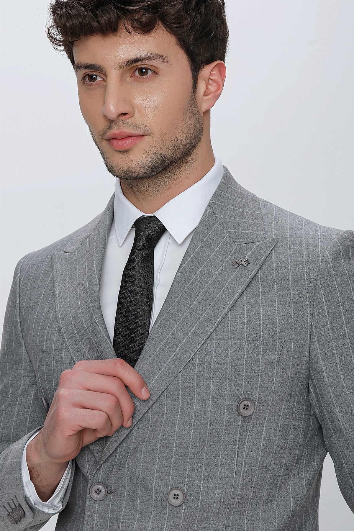 Slim-Fit Striped Double Breasted Suit - Grey