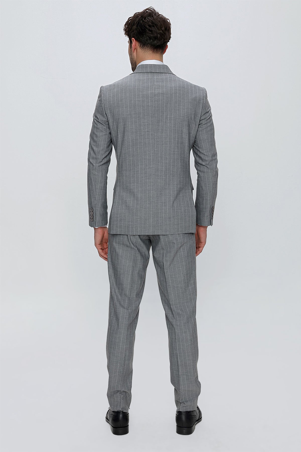 Slim-Fit Striped Double Breasted Suit - Grey