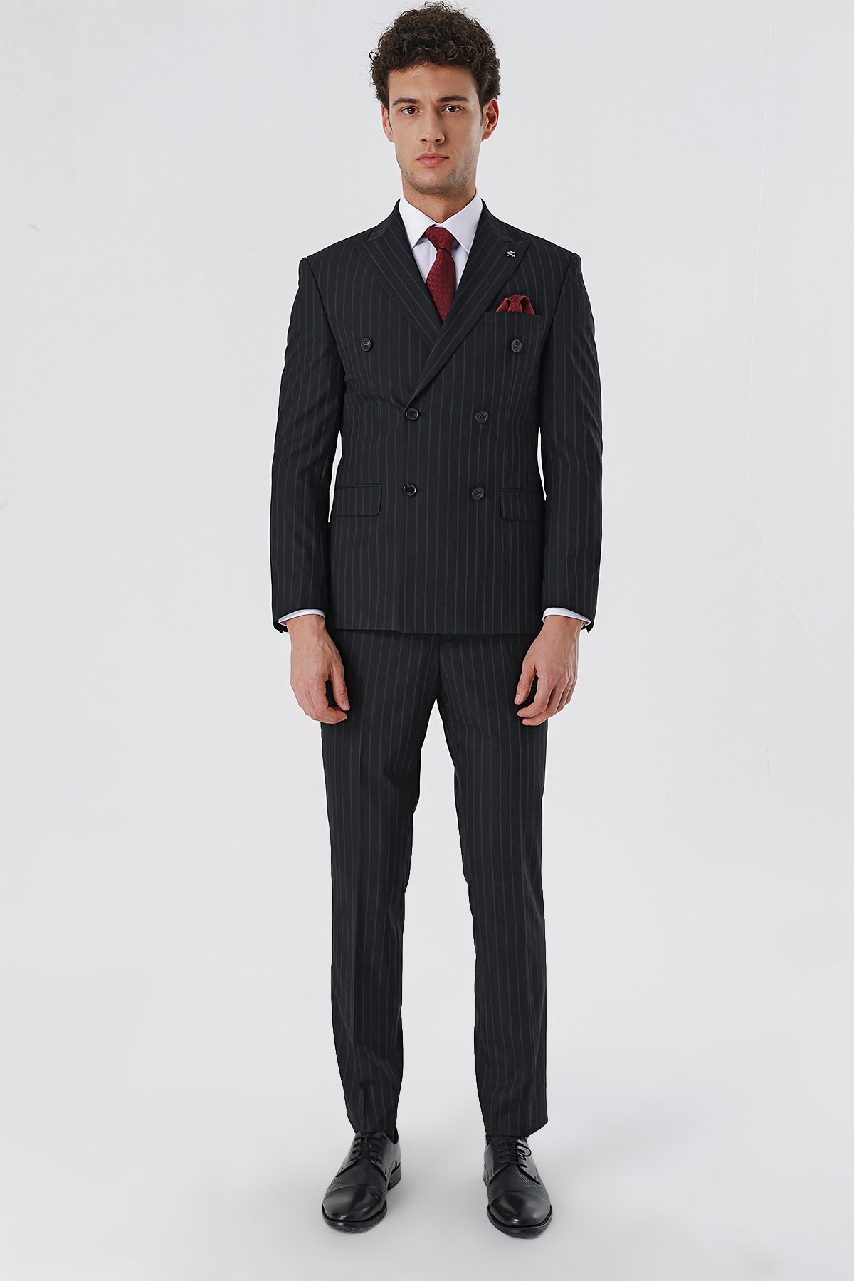 Slim-Fit Striped Double Breasted Suit - Black