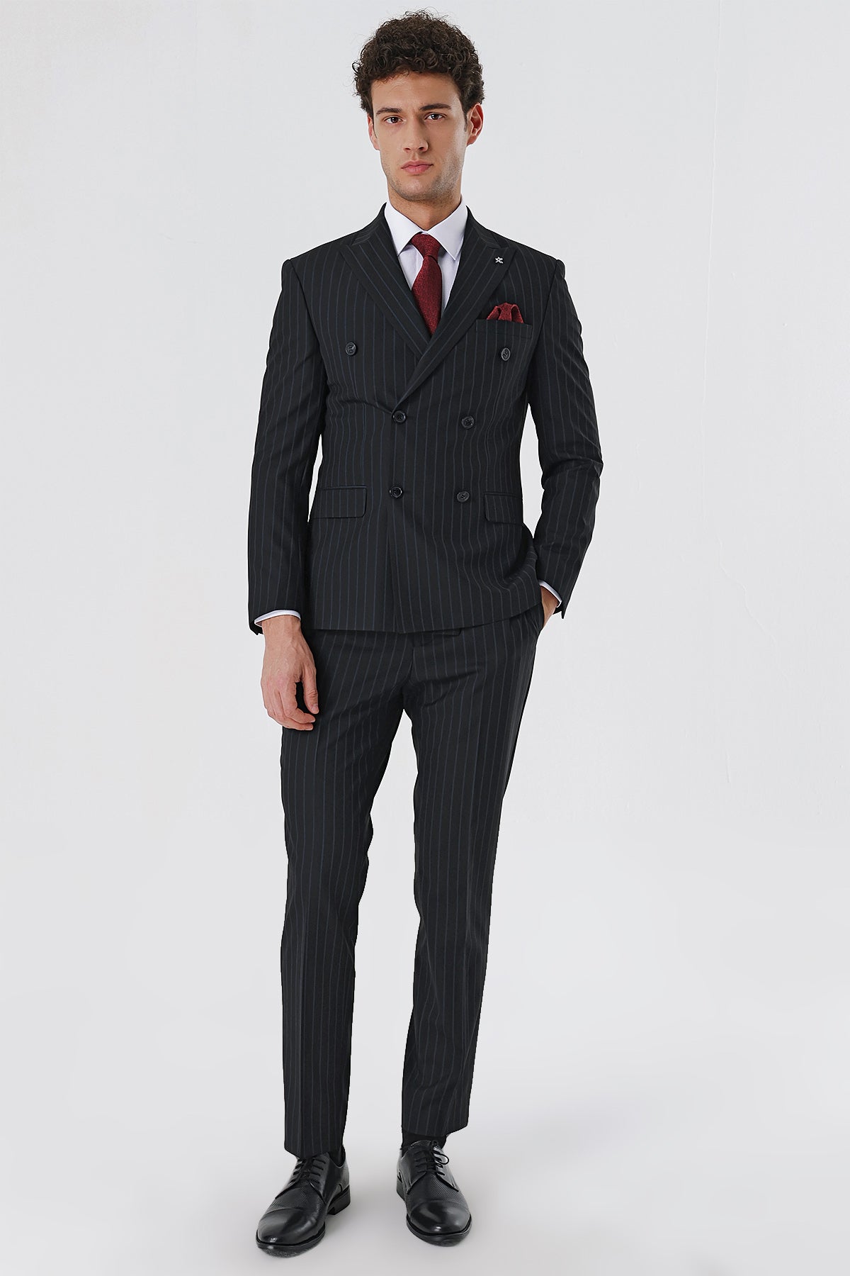 Slim-Fit Striped Double Breasted Suit - Black