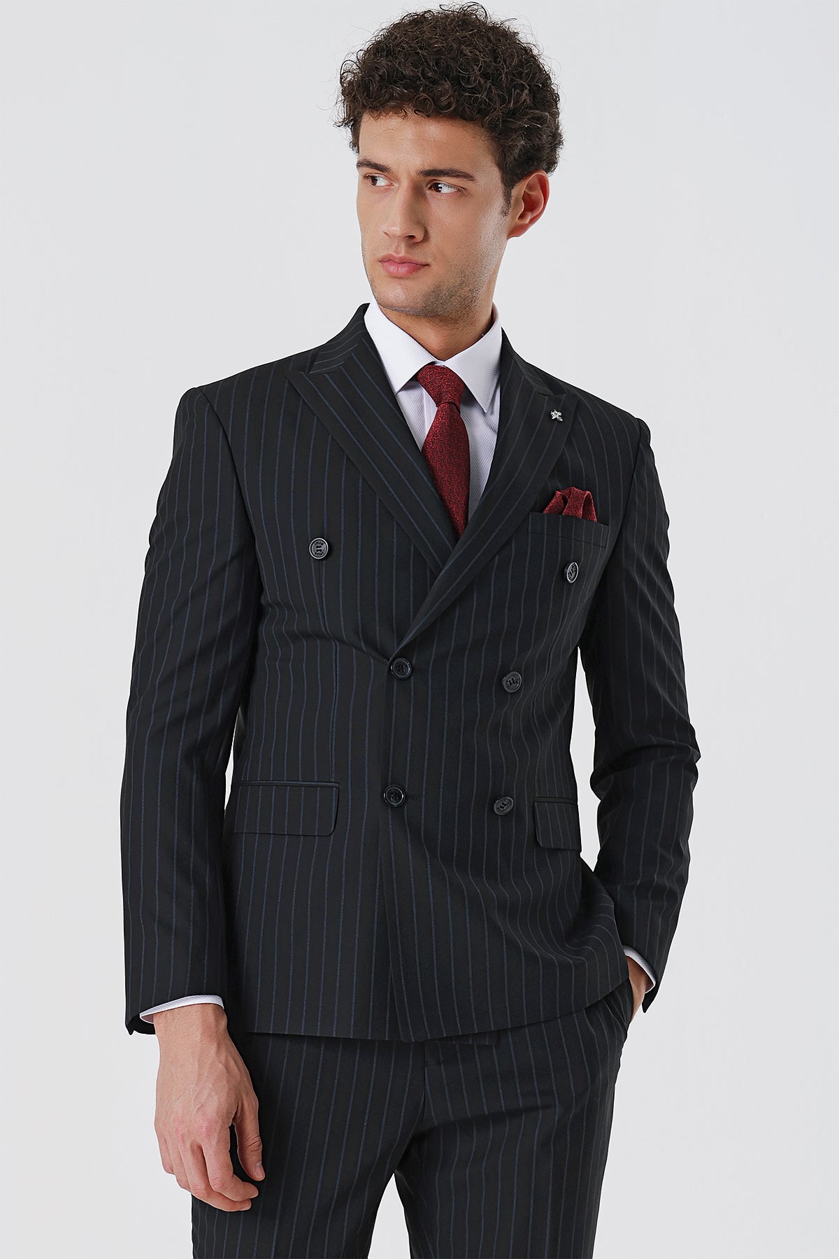 Slim-Fit Striped Double Breasted Suit - Black