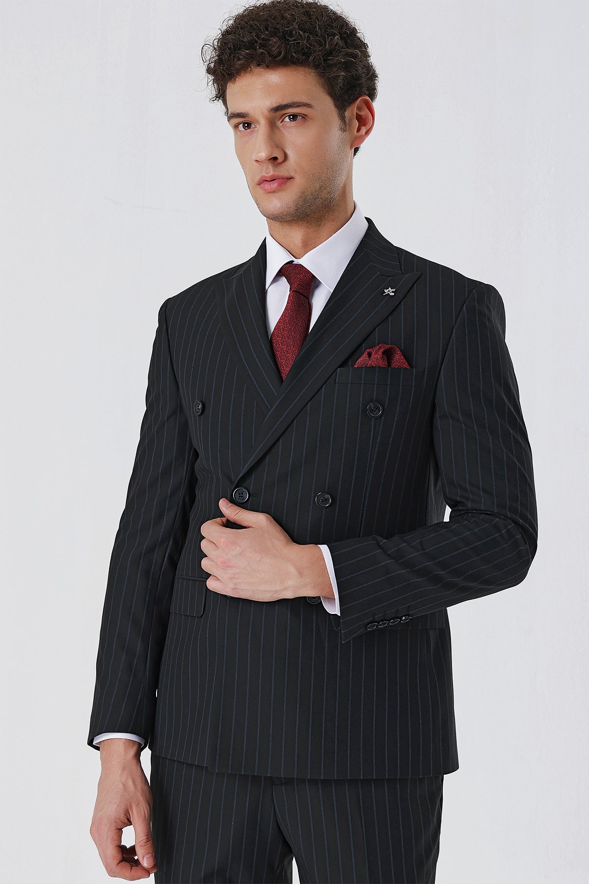 Slim-Fit Striped Double Breasted Suit - Black