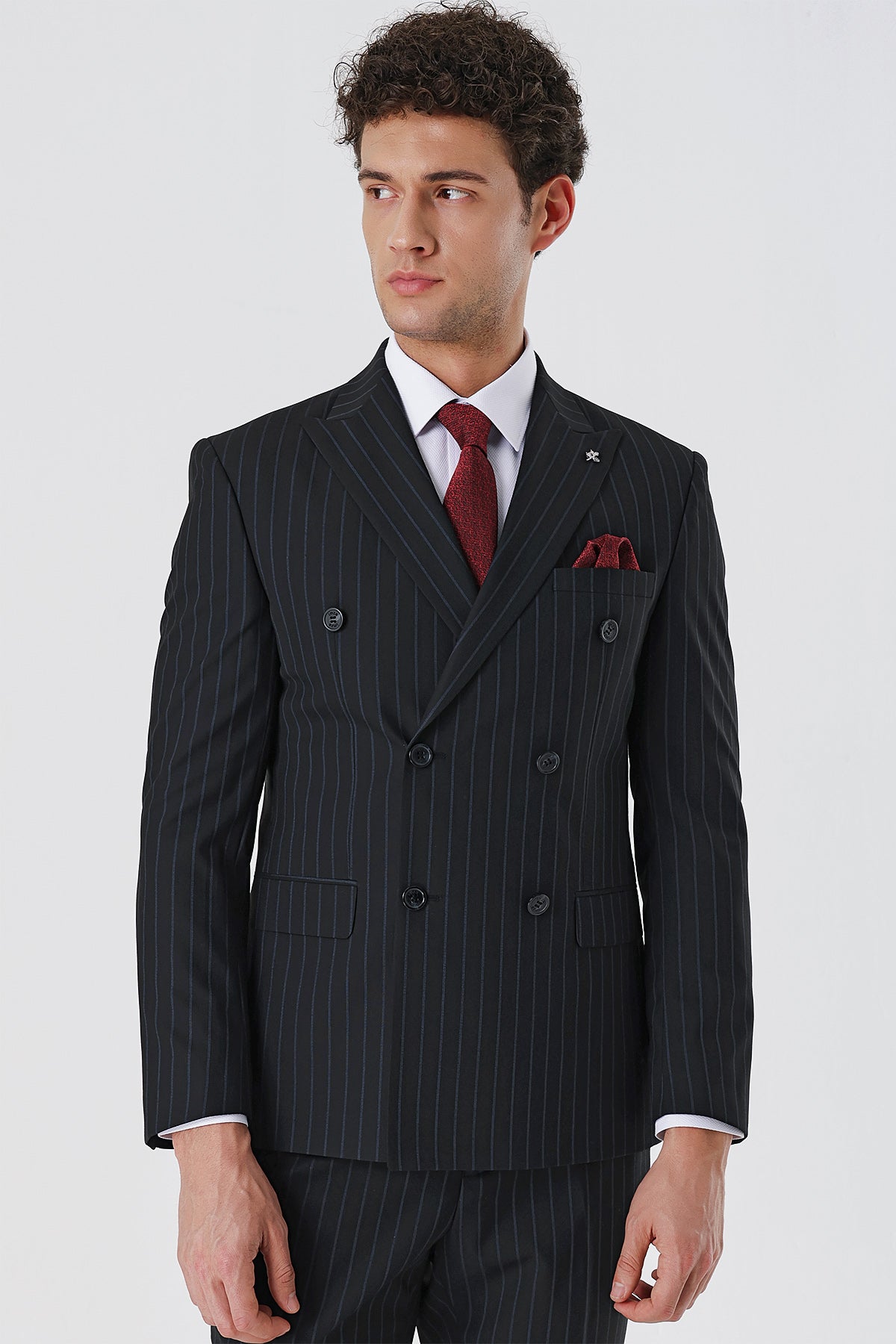 Slim-Fit Striped Double Breasted Suit - Black