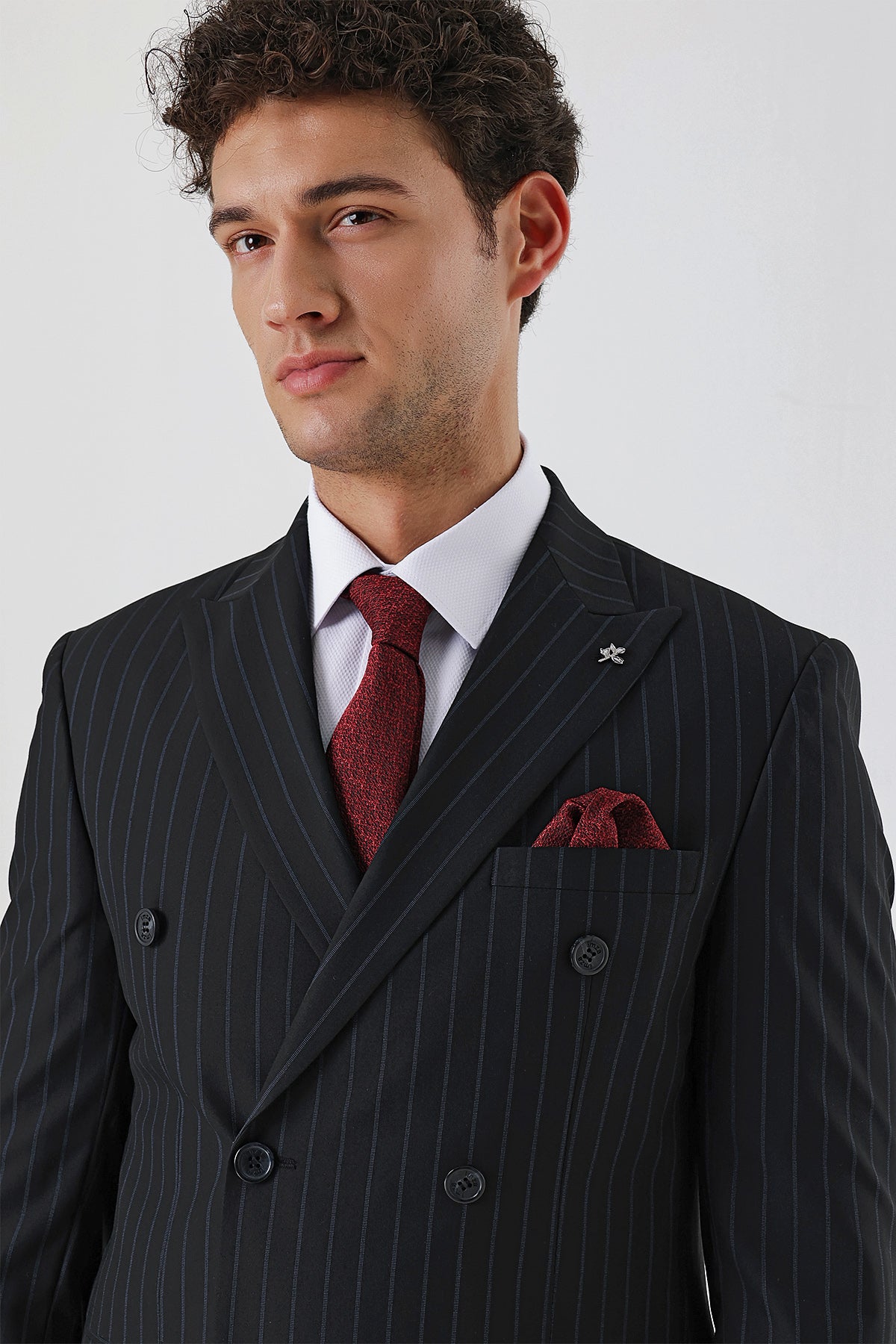 Slim-Fit Striped Double Breasted Suit - Black