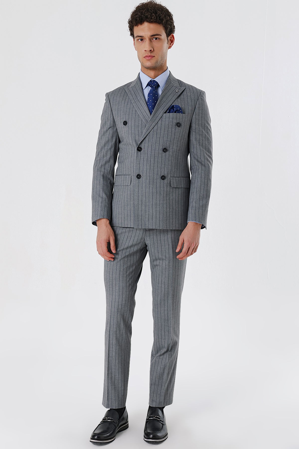 Slim-Fit Striped Double Breasted Suit - Grey