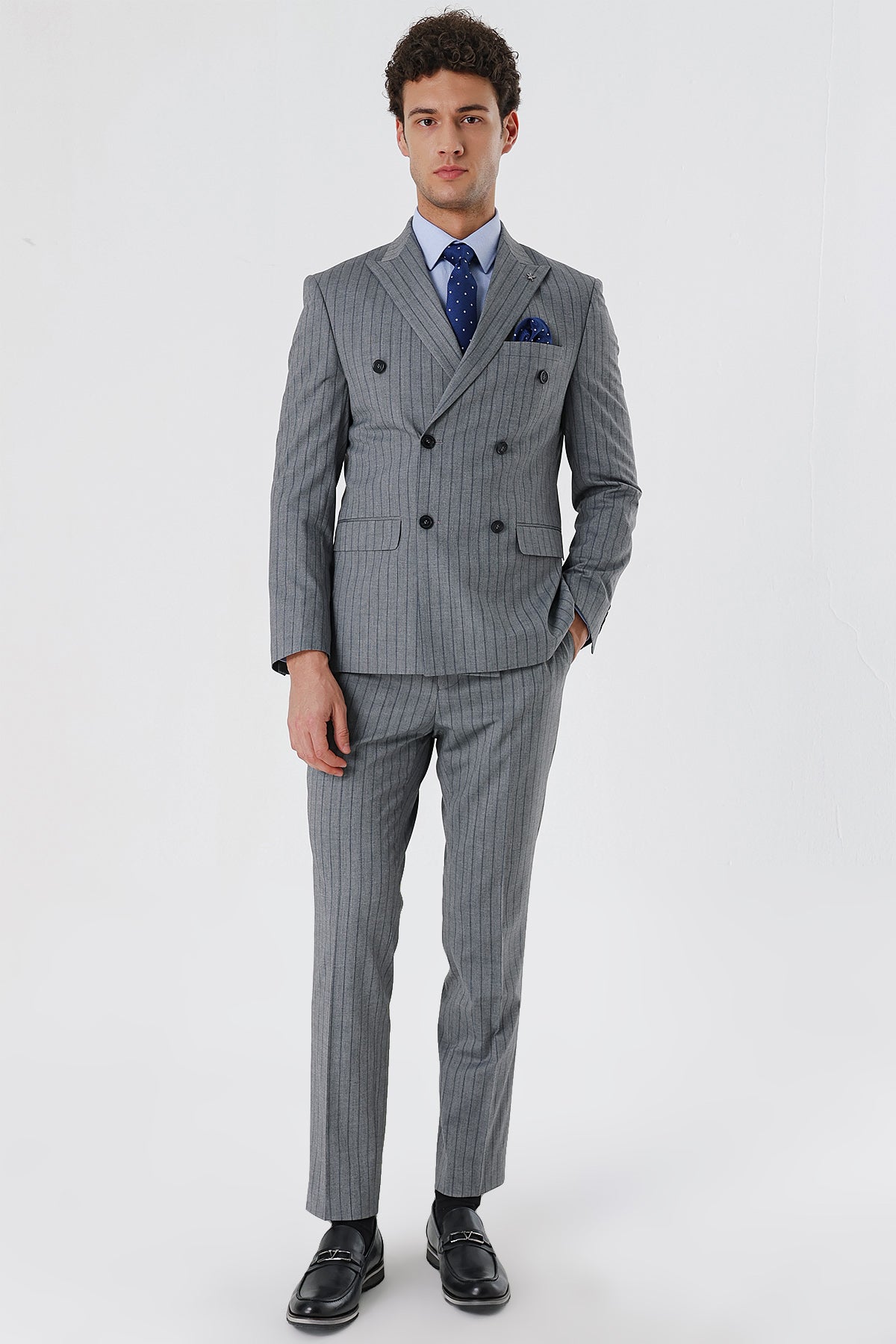 Slim-Fit Striped Double Breasted Suit - Grey