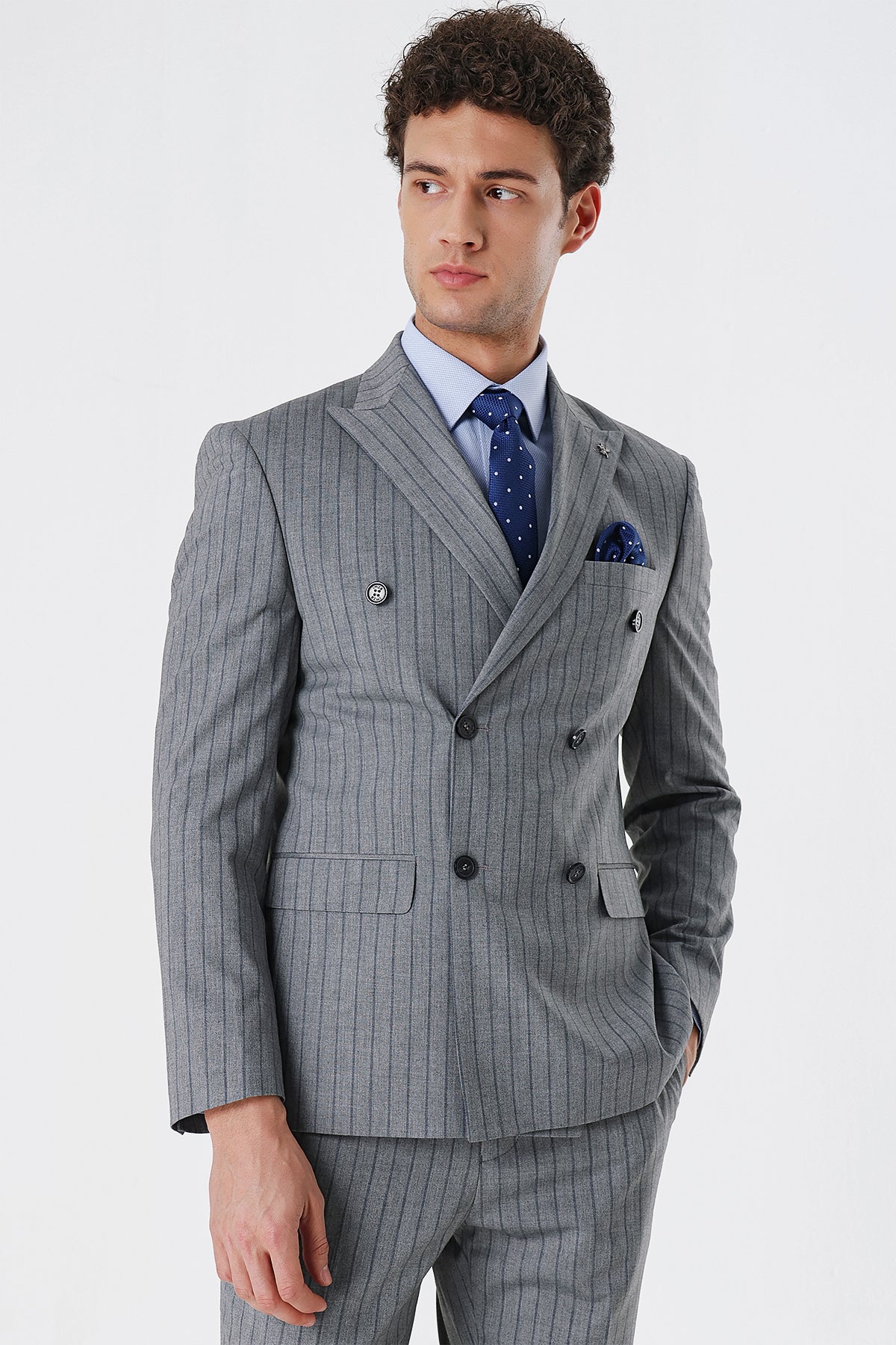 Slim-Fit Striped Double Breasted Suit - Grey