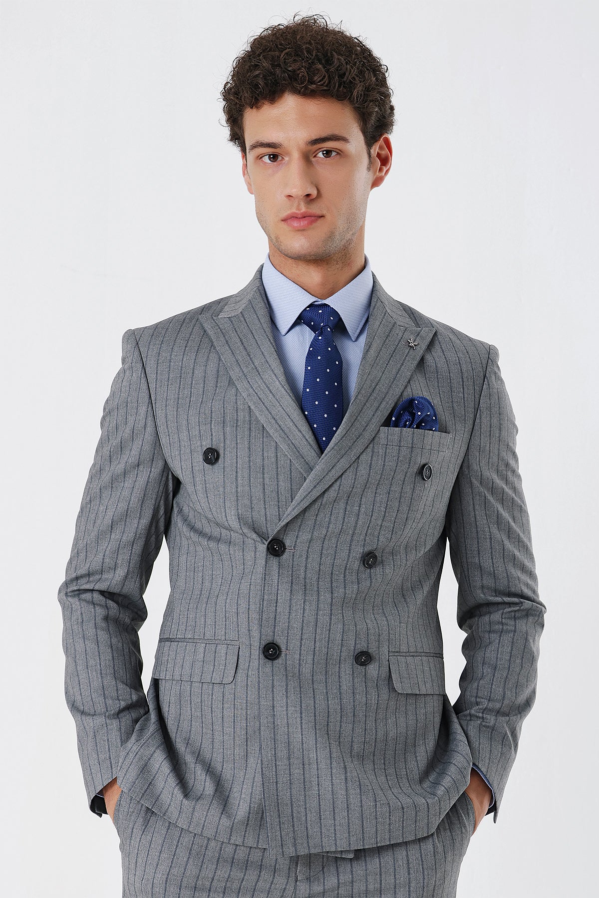 Slim-Fit Striped Double Breasted Suit - Grey