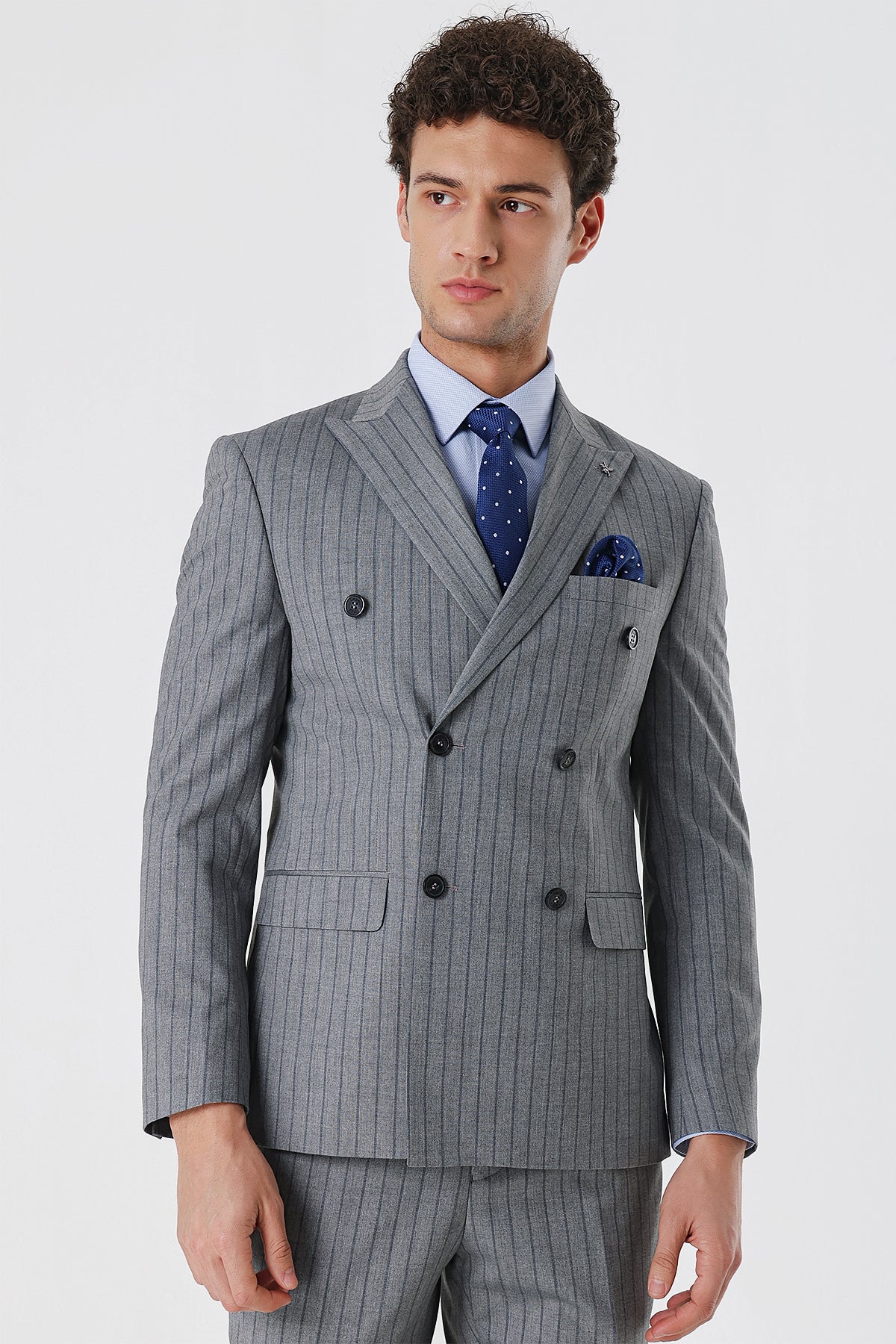 Slim-Fit Striped Double Breasted Suit - Grey