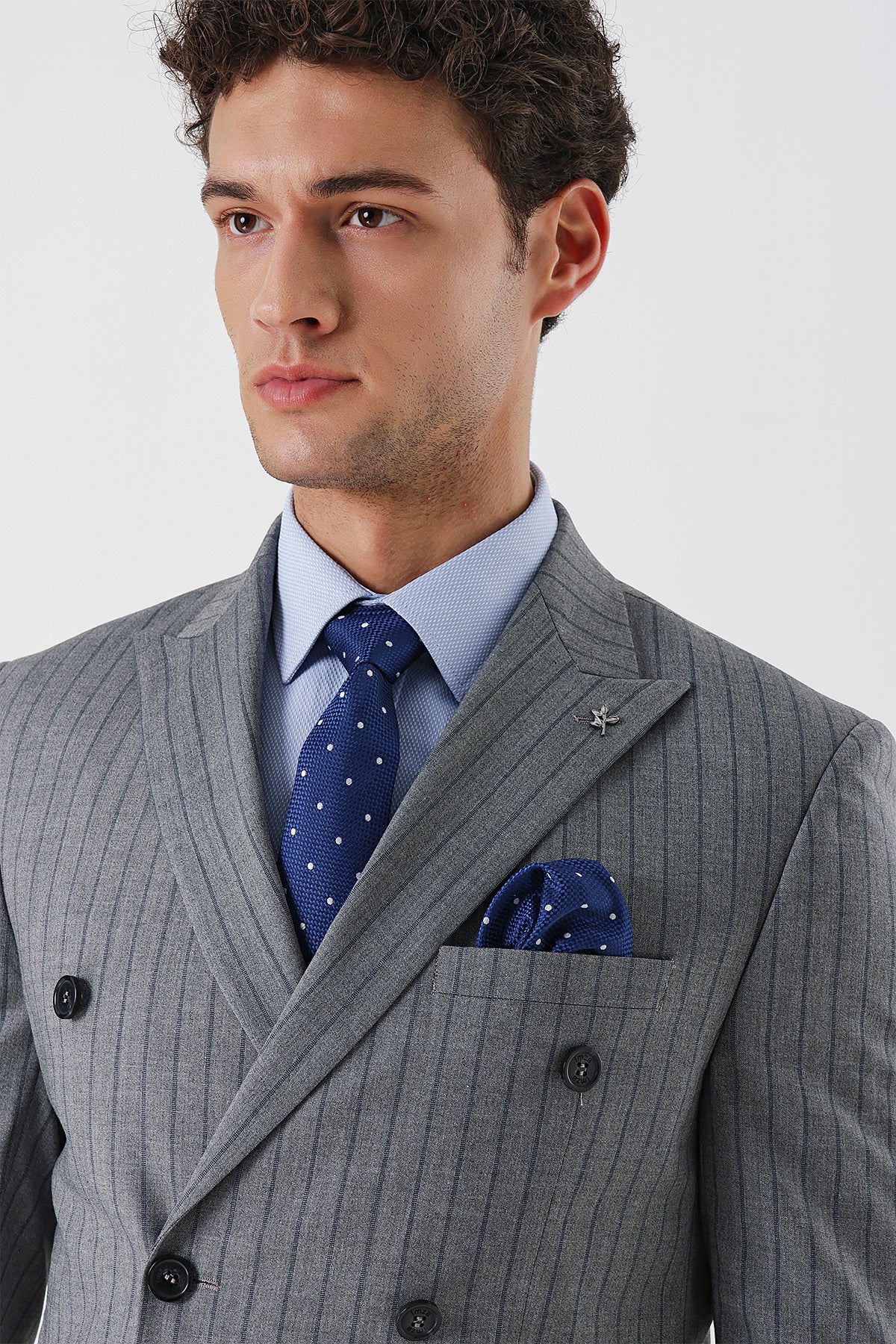 Slim-Fit Striped Double Breasted Suit - Grey