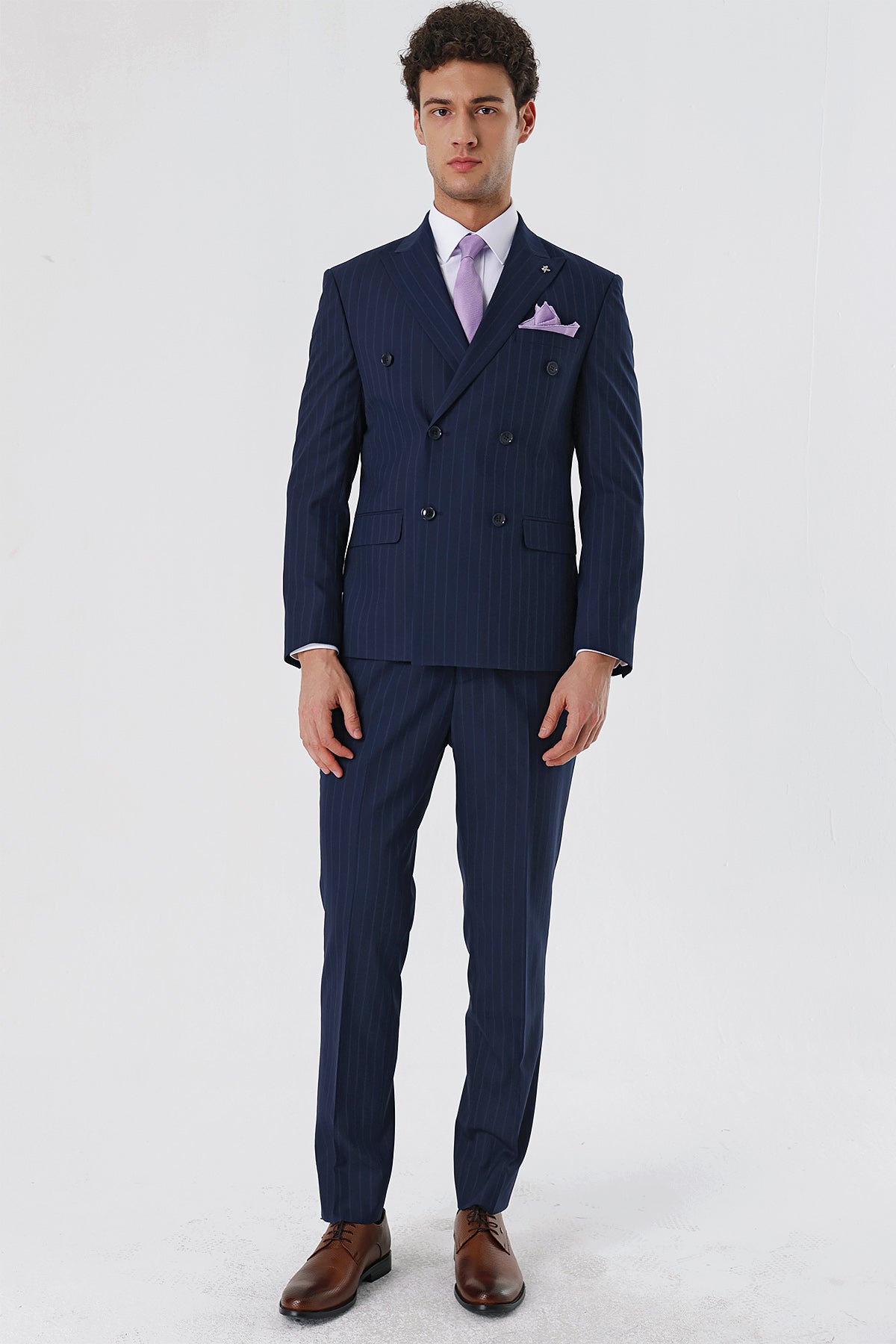 Slim-Fit Striped Double Breasted Suit - Navy