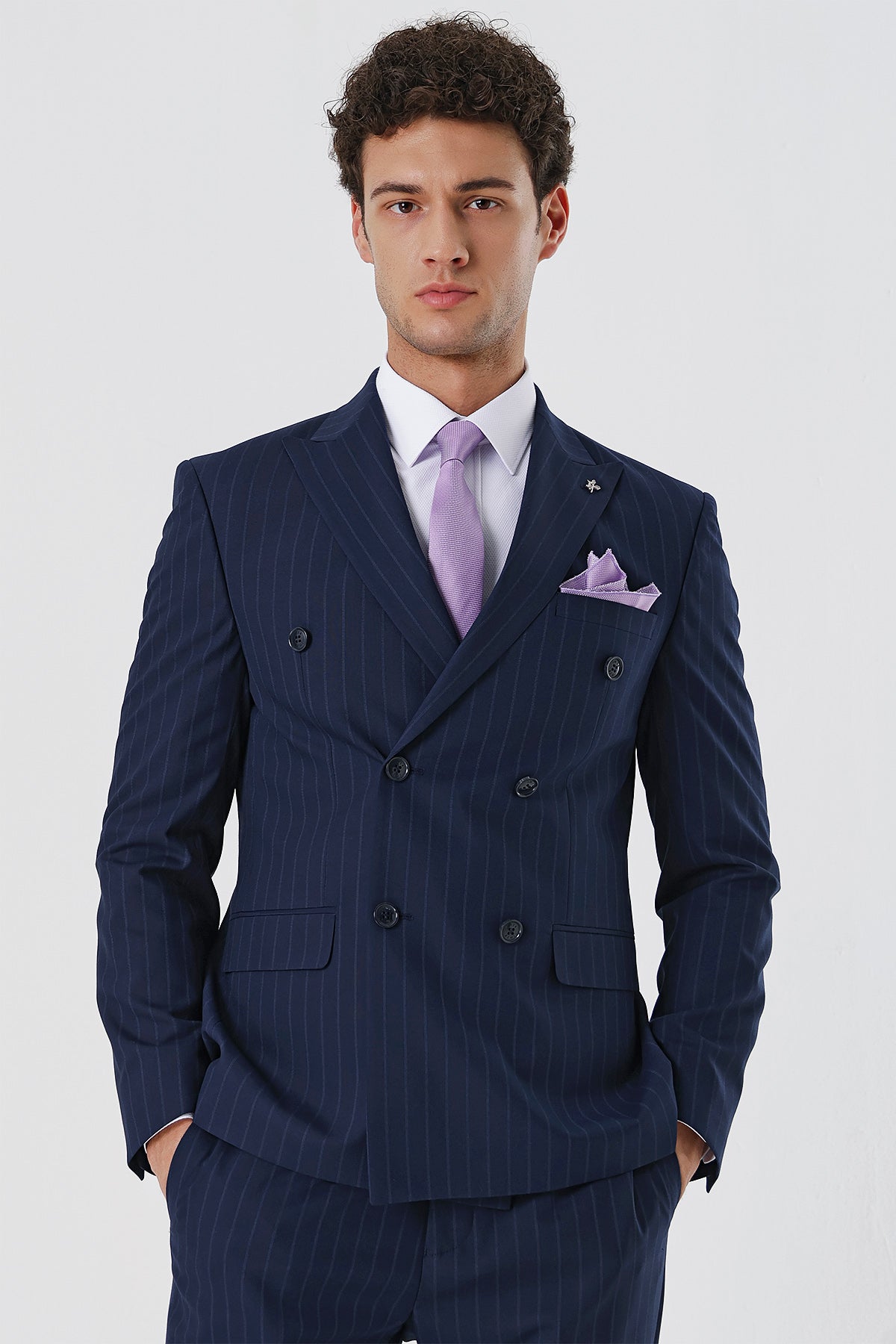 Slim-Fit Striped Double Breasted Suit - Navy