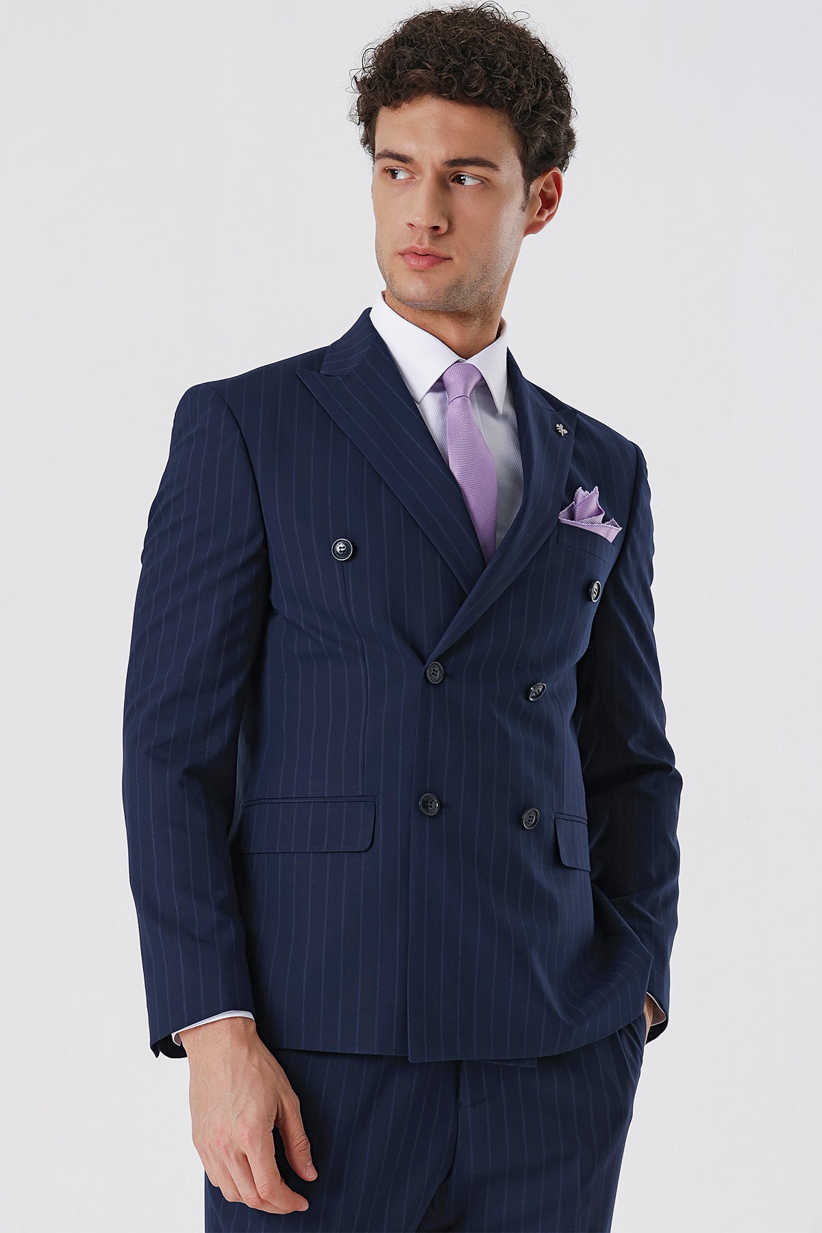 Slim-Fit Striped Double Breasted Suit - Navy