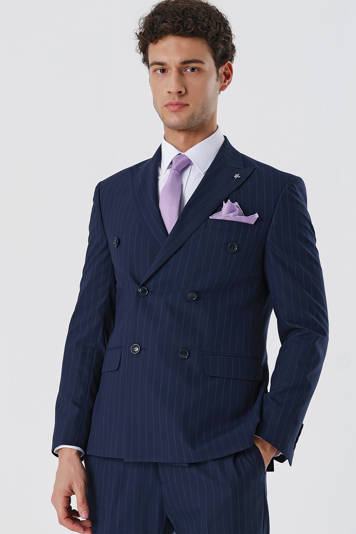 Slim-Fit Striped Double Breasted Suit - Navy