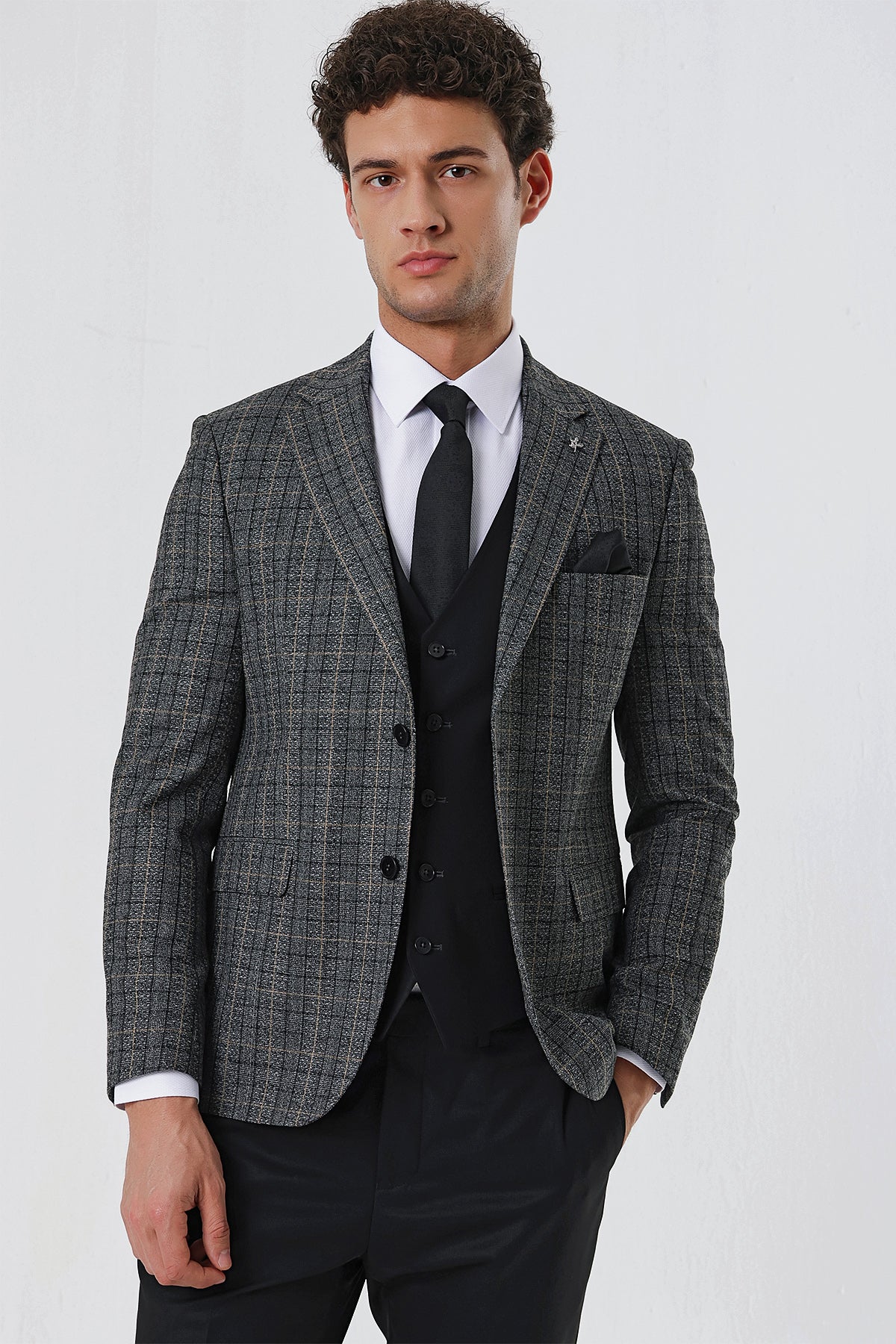 Slim-Fit Combine Vest Suit - Black