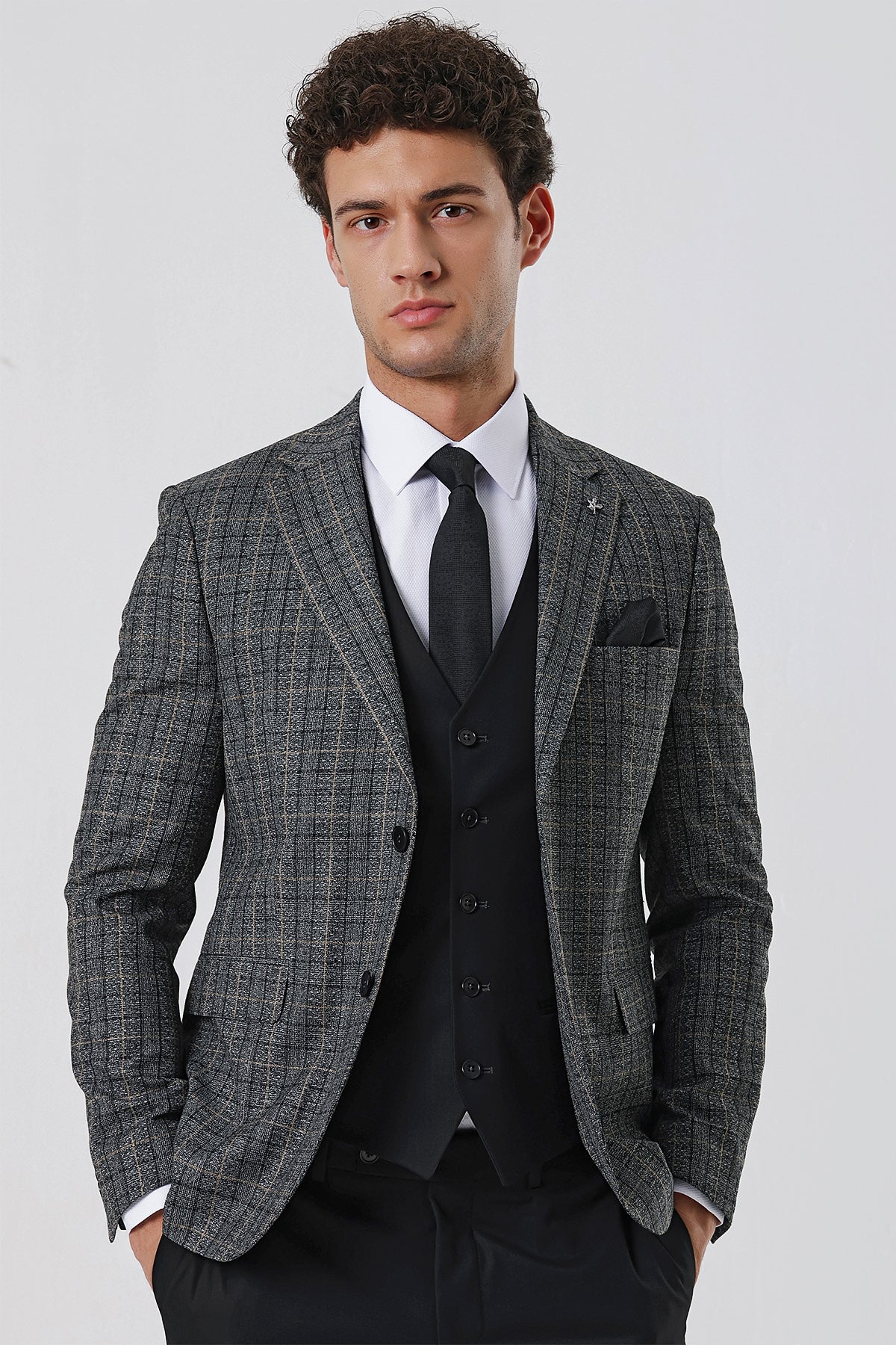 Slim-Fit Combine Vest Suit - Black