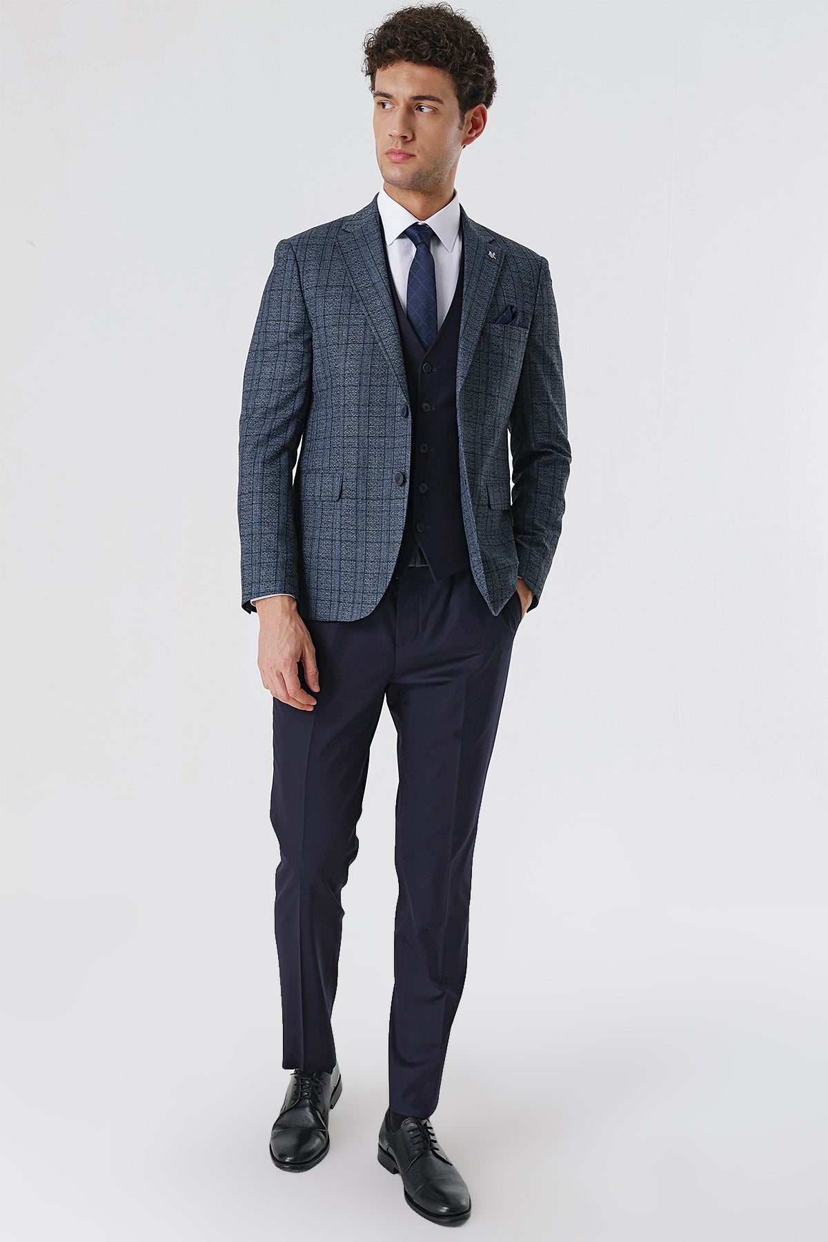 Slim-Fit Combine Vest Suit - Navy