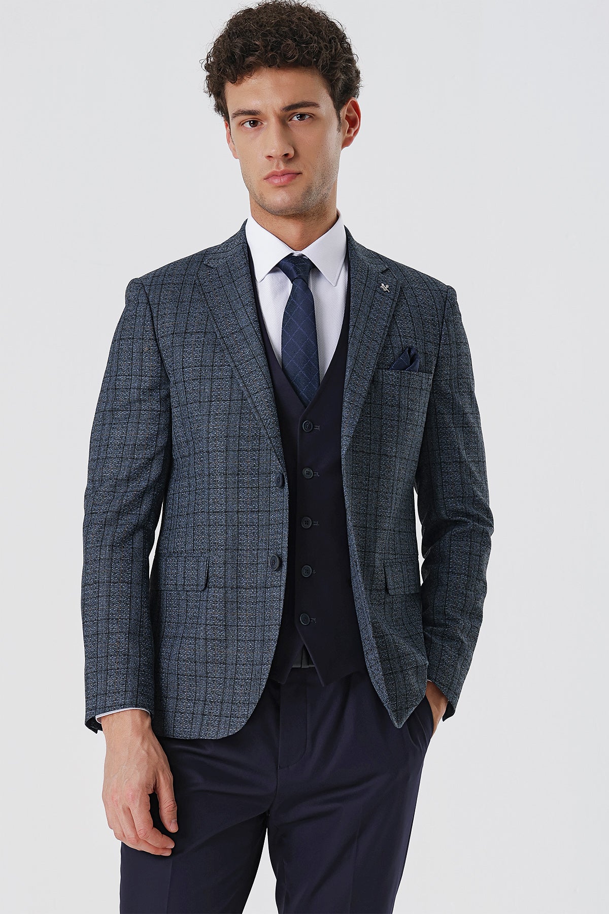 Slim-Fit Combine Vest Suit - Navy